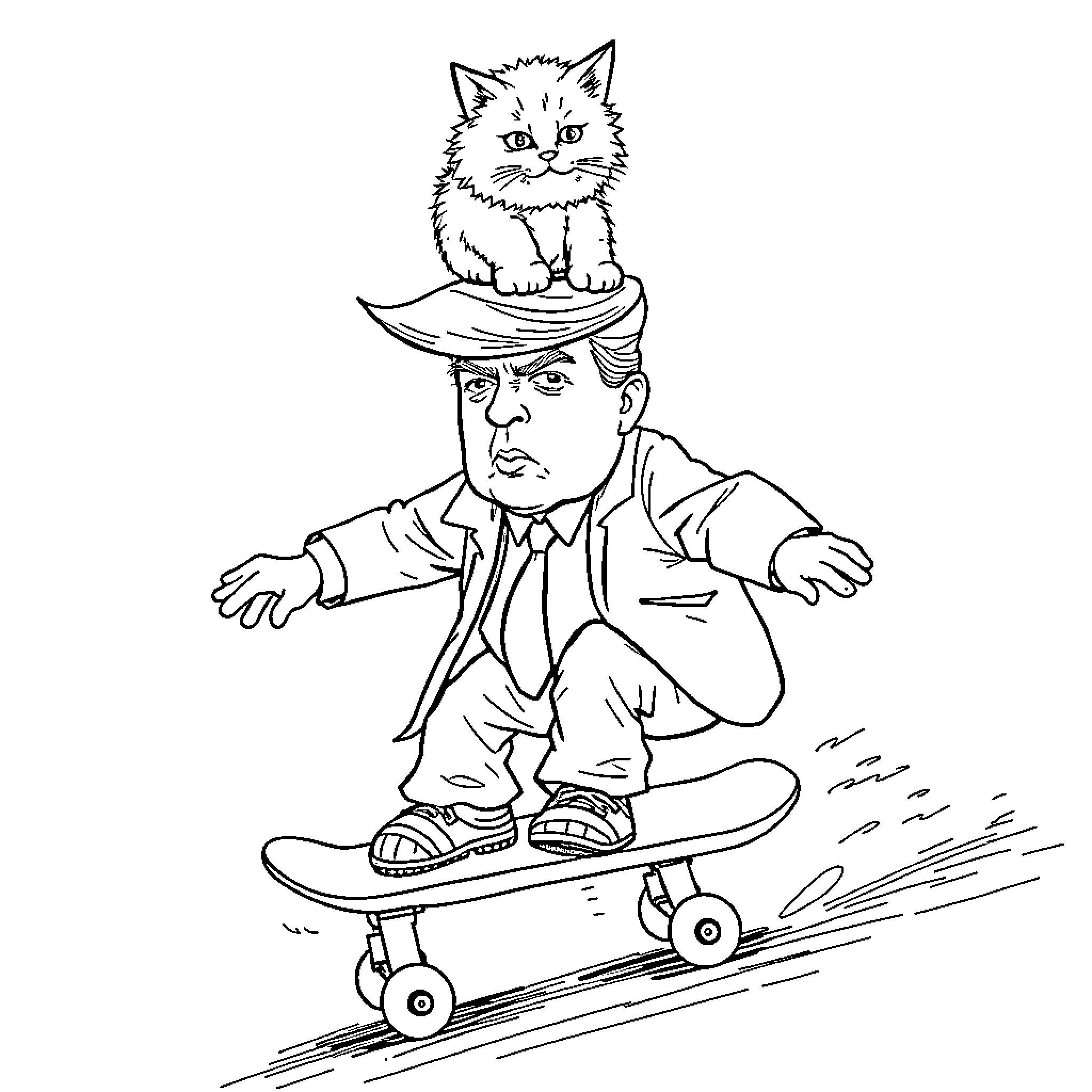 Trump Skateboarding with a Cat on His Head Coloring Page (free black-and-white line drawing printable PDF for all, from beginners to advanced learners, including children, teens, adults, and seniors)