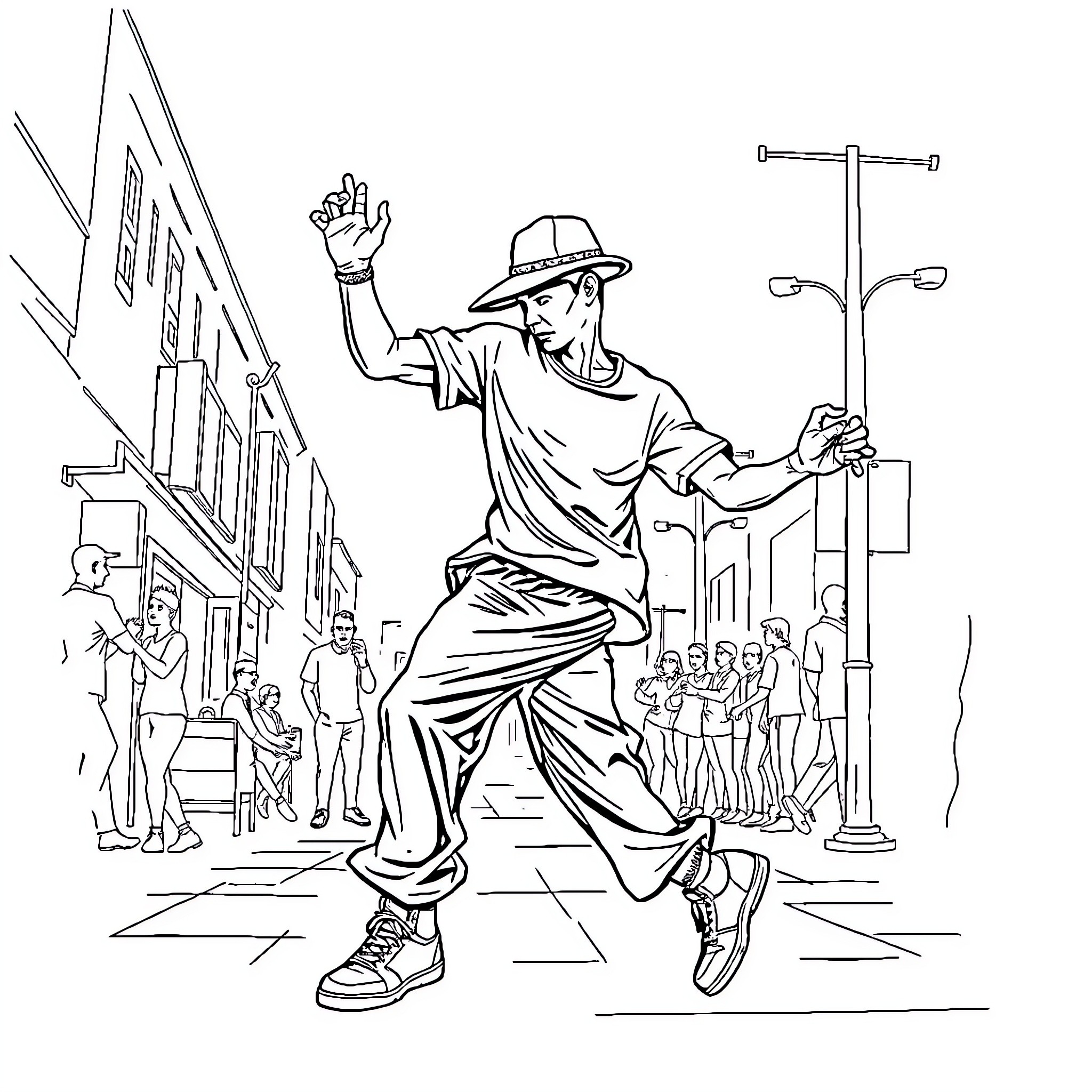 Bboy performing dynamic dance moves on city street Coloring Page (free black-and-white line drawing printable PDF for all, from beginners to advanced learners, including children, teens, adults, and seniors)