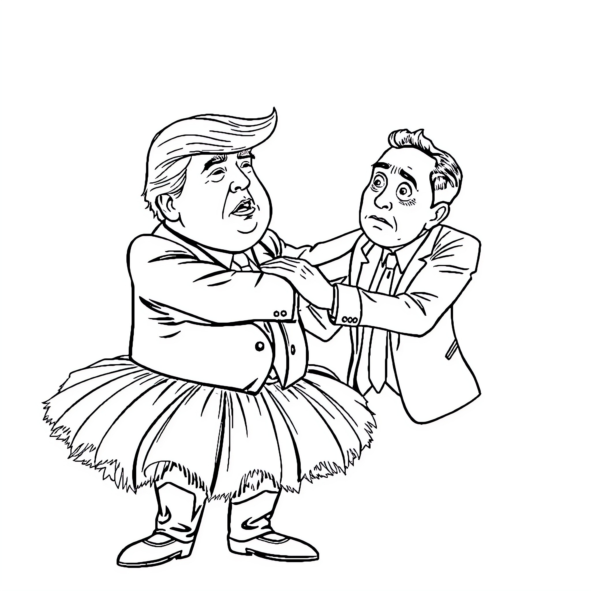 Donald Trump engaging in a heated discussion with another individual Coloring Page (free black-and-white line drawing printable PDF for all, from beginners to advanced learners, including children, teens, adults, and seniors)
