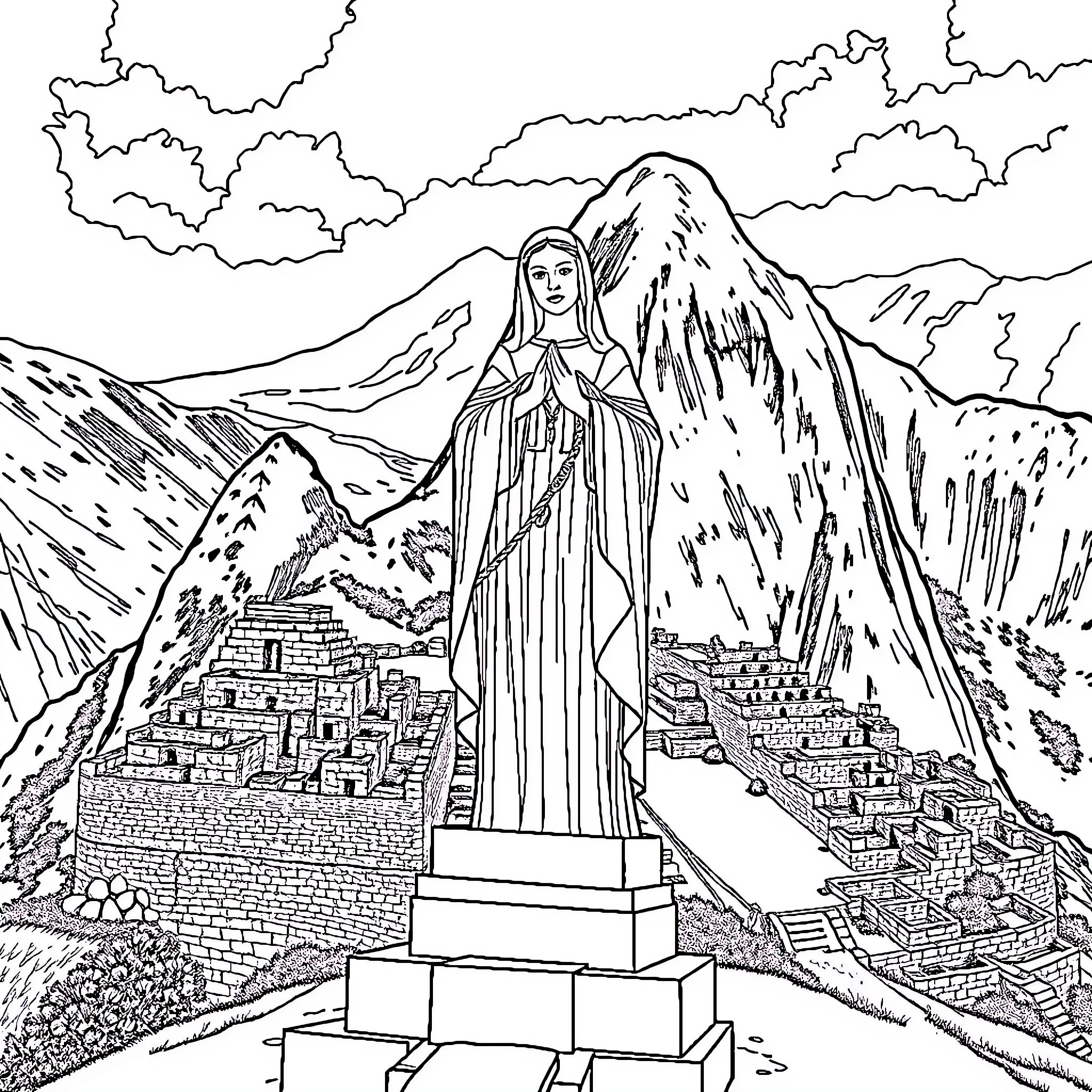 Santa Rosa Statue Overlooking Mountain City Landscape Coloring Page (free black-and-white line drawing printable PDF for all, from beginners to advanced learners, including children, teens, adults, and seniors)