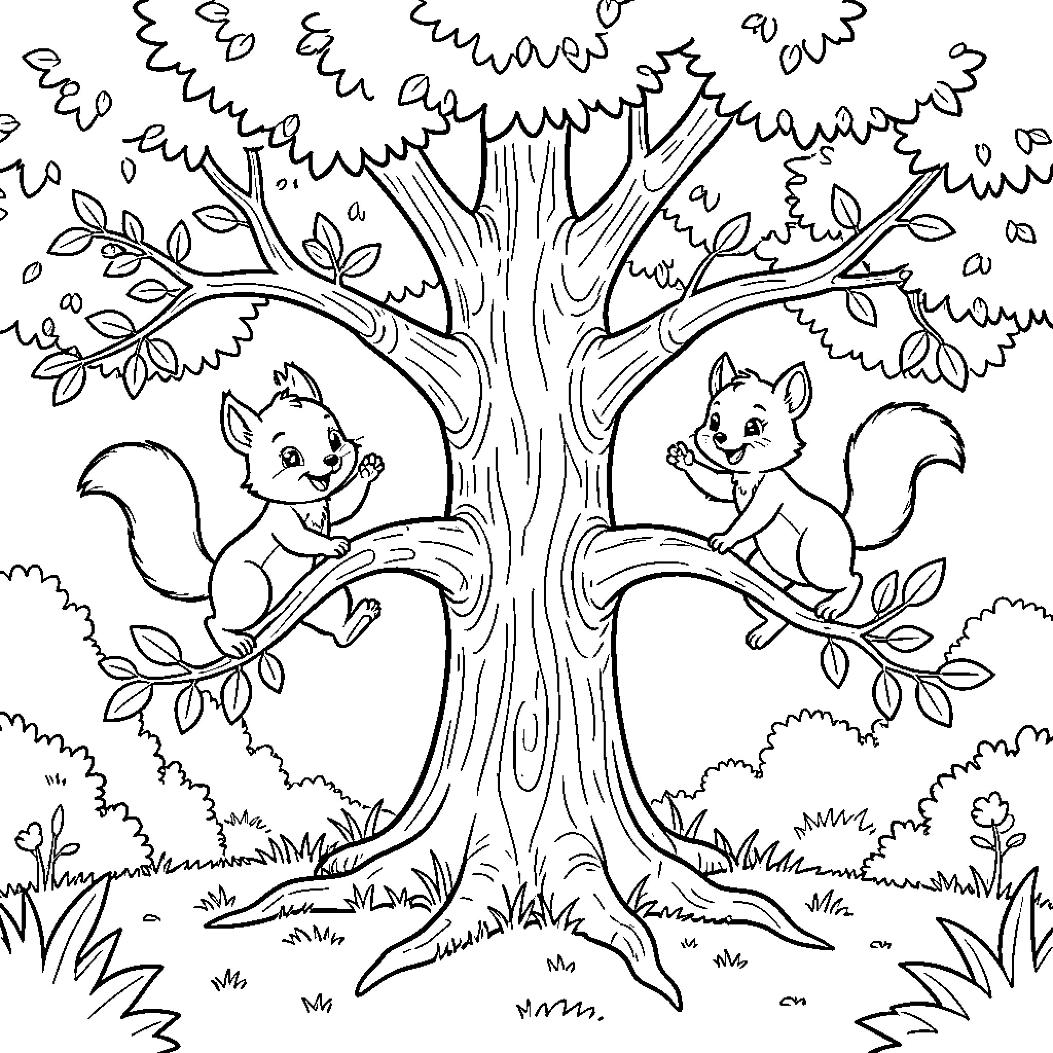 Chipmunk friends waving from tree branches Coloring Page (free black-and-white line drawing printable PDF for all, from beginners to advanced learners, including children, teens, adults, and seniors)