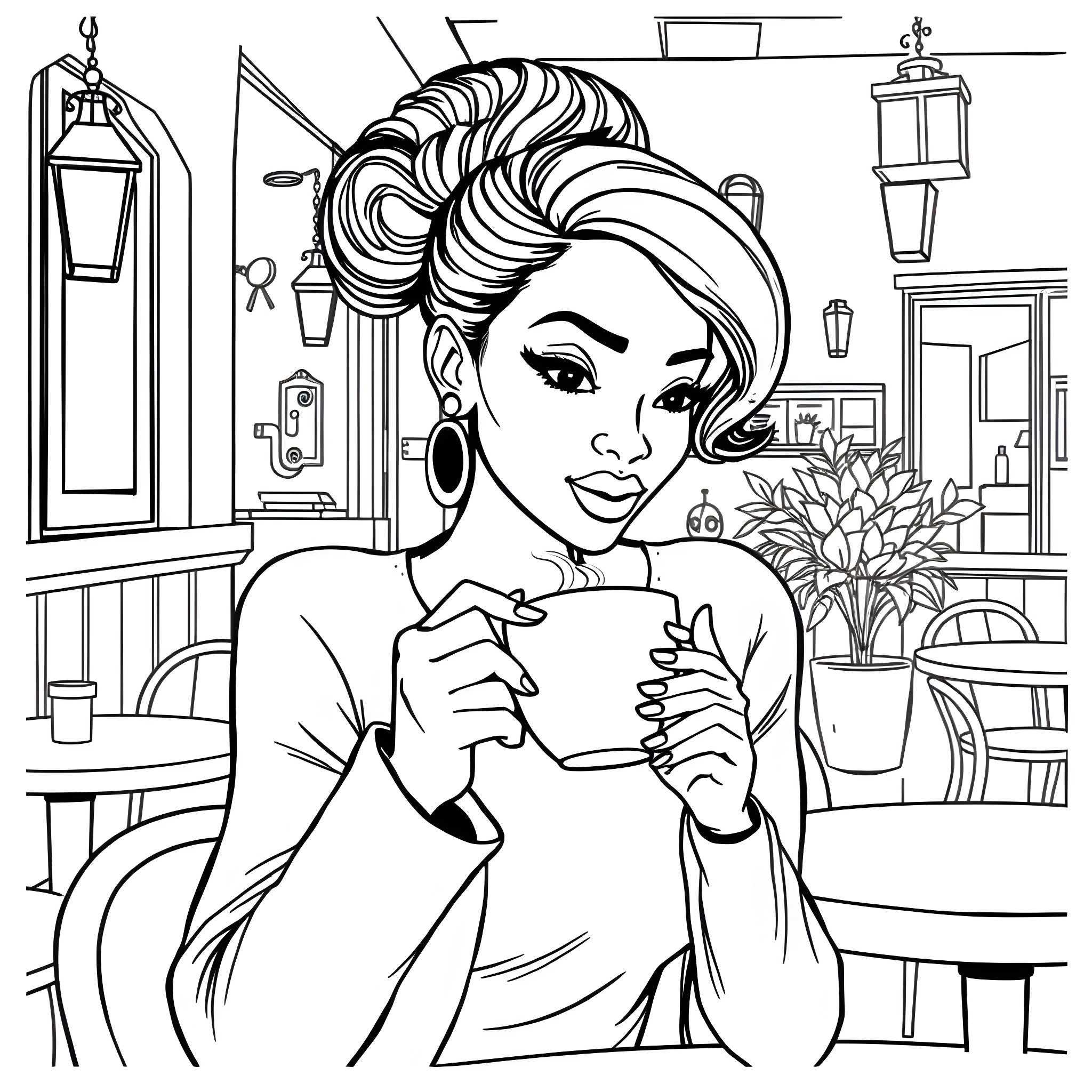 Woman enjoying a cup of coffee in a cozy cafe Coloring Page (free black-and-white line drawing printable PDF for all, from beginners to advanced learners, including children, teens, adults, and seniors)