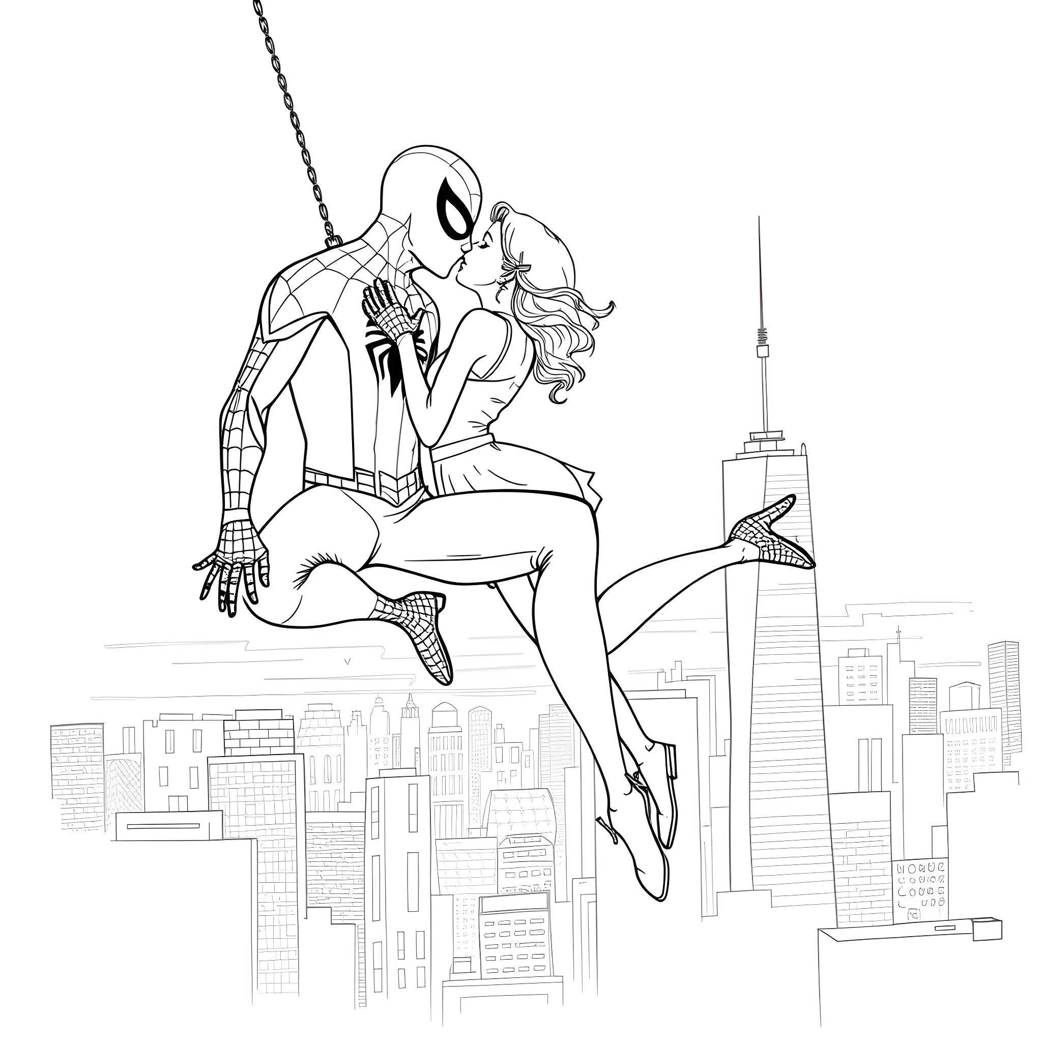 Spiderman and Girlfriend Embracing Over the City Coloring Page (free black-and-white line drawing printable PDF for all, from beginners to advanced learners, including children, teens, adults, and seniors)