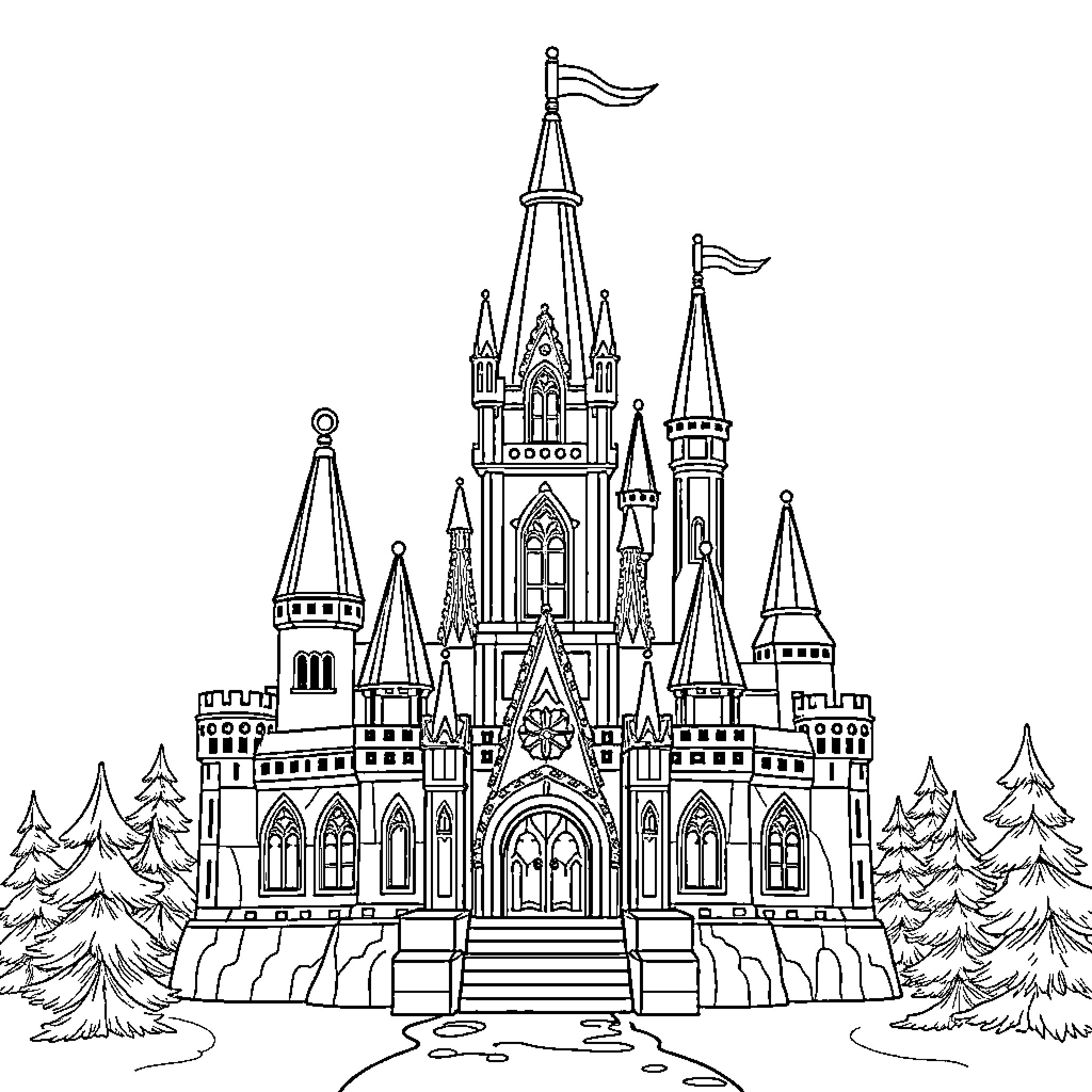 Castle of ornate spires and towers in snowy landscape Coloring Page (free black-and-white line drawing printable PDF for all, from beginners to advanced learners, including children, teens, adults, and seniors)
