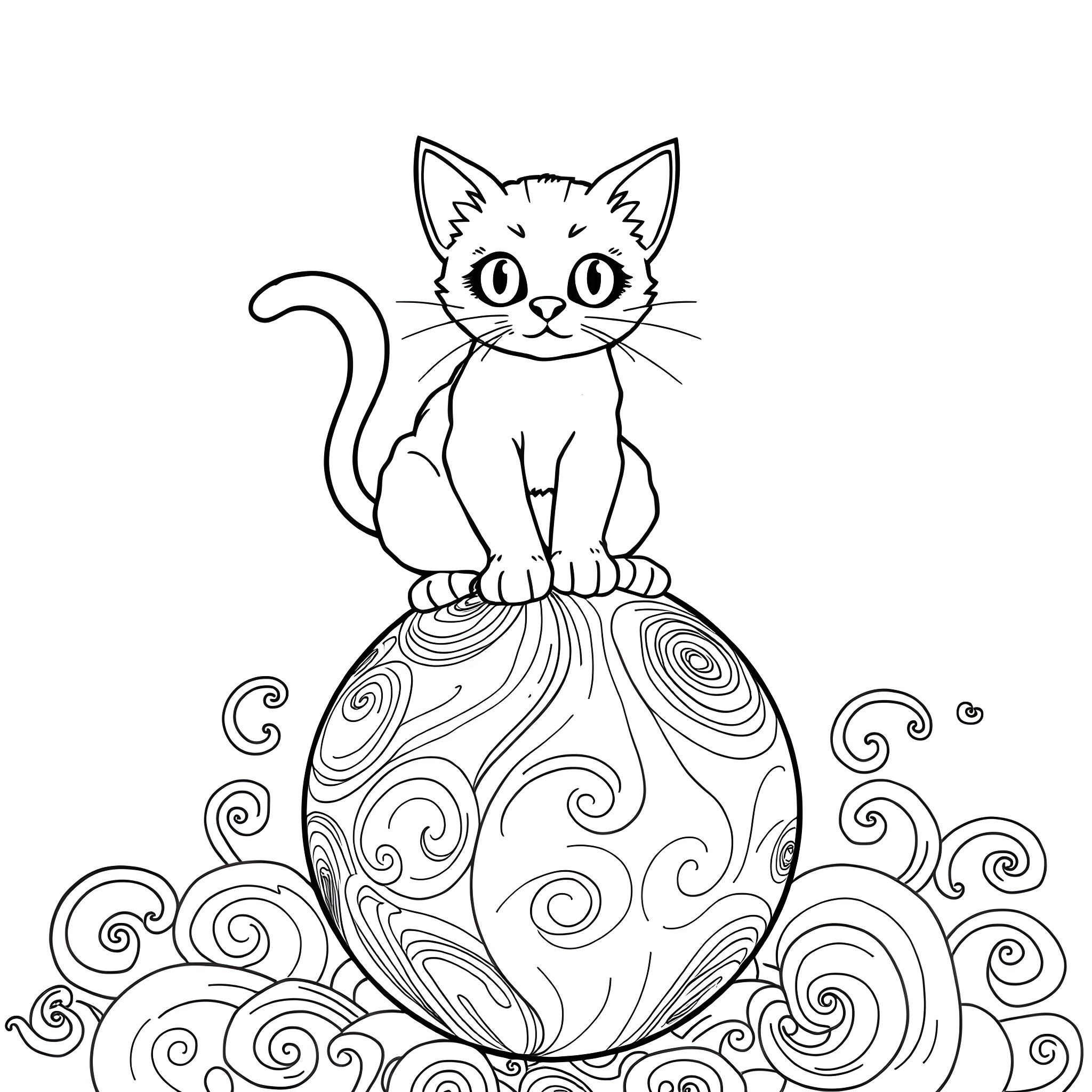 Cat sitting on a decorative globe Coloring Page (free black-and-white line drawing printable PDF for all, from beginners to advanced learners, including children, teens, adults, and seniors)