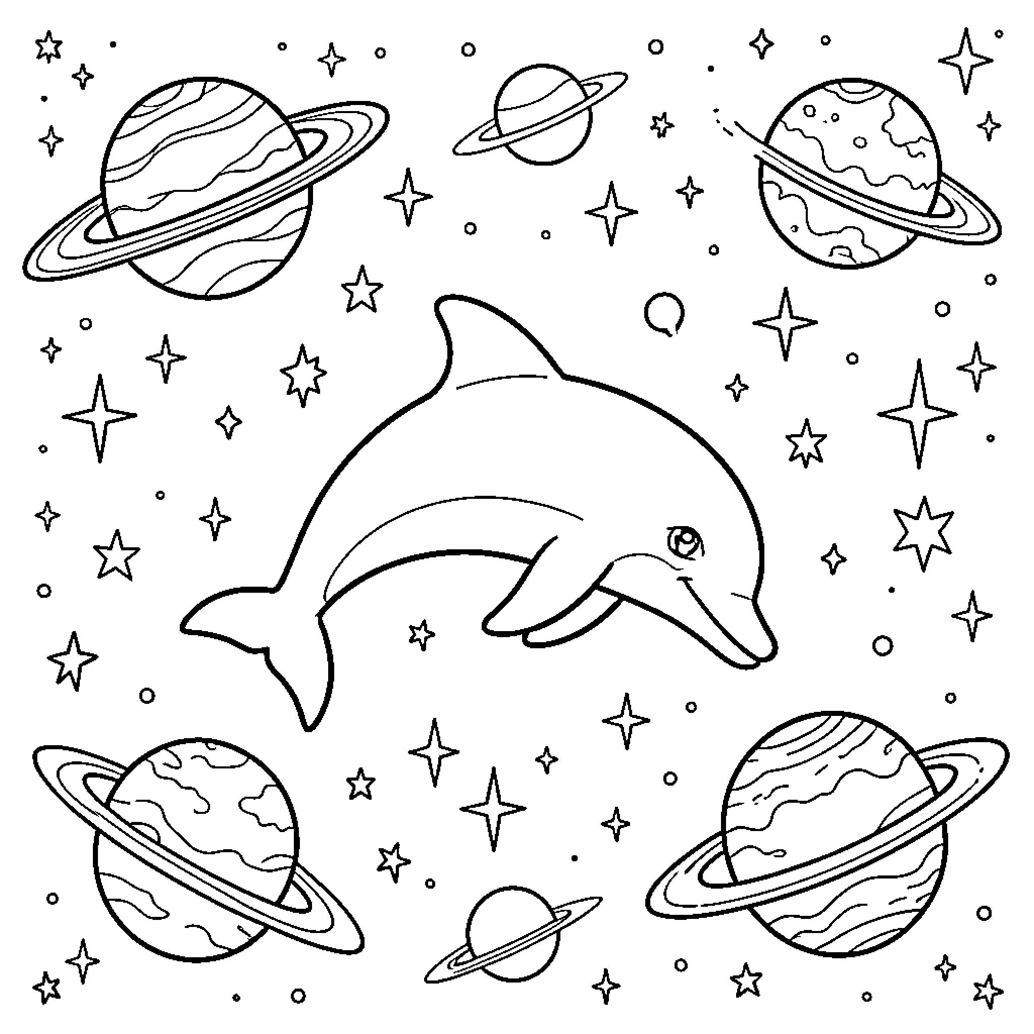 Dolphin swimming among the planets and stars Coloring Page (free black-and-white line drawing printable PDF for all, from beginners to advanced learners, including children, teens, adults, and seniors)