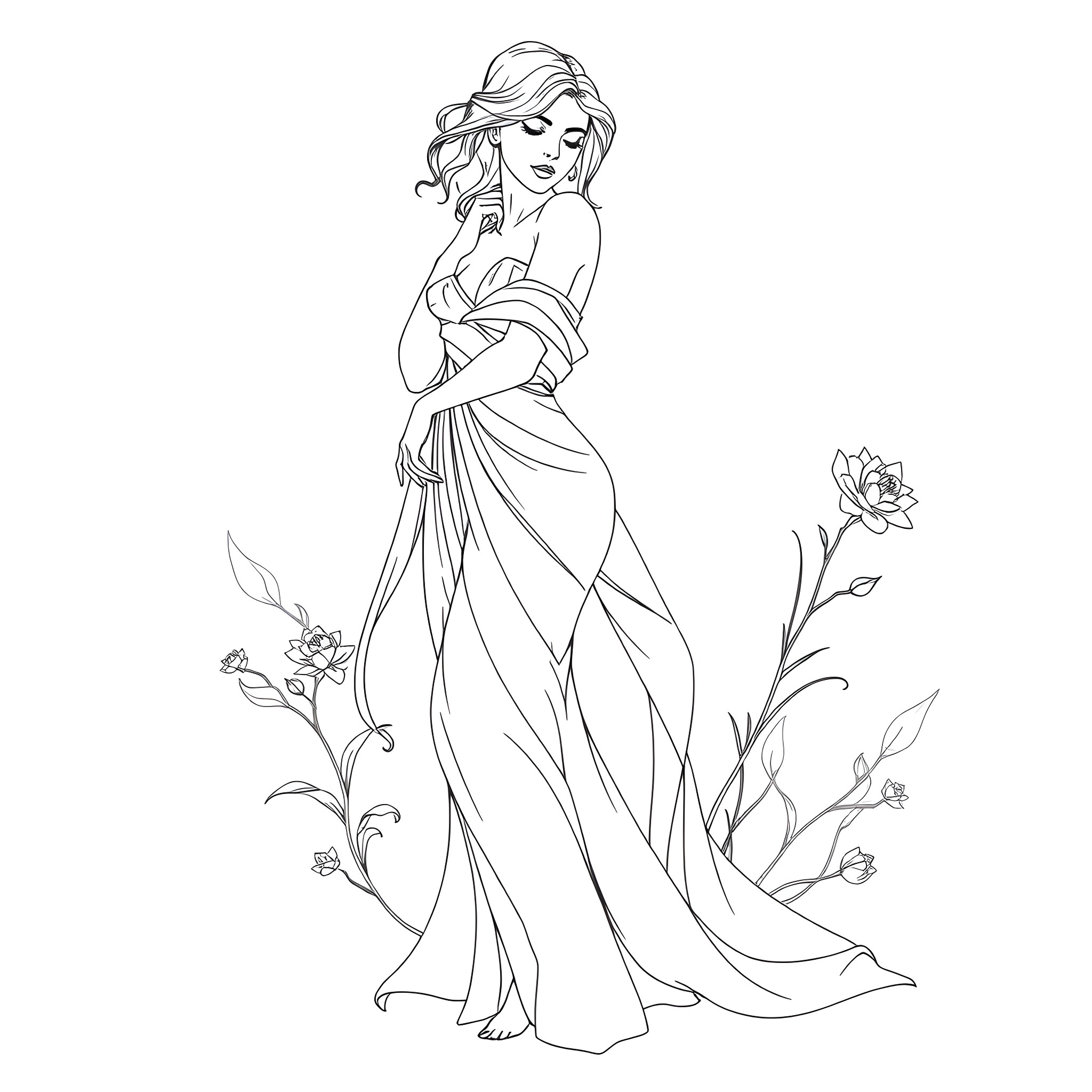 Girl in flowing dress surrounded by flowers Coloring Page (free black-and-white line drawing printable PDF for all, from beginners to advanced learners, including children, teens, adults, and seniors)