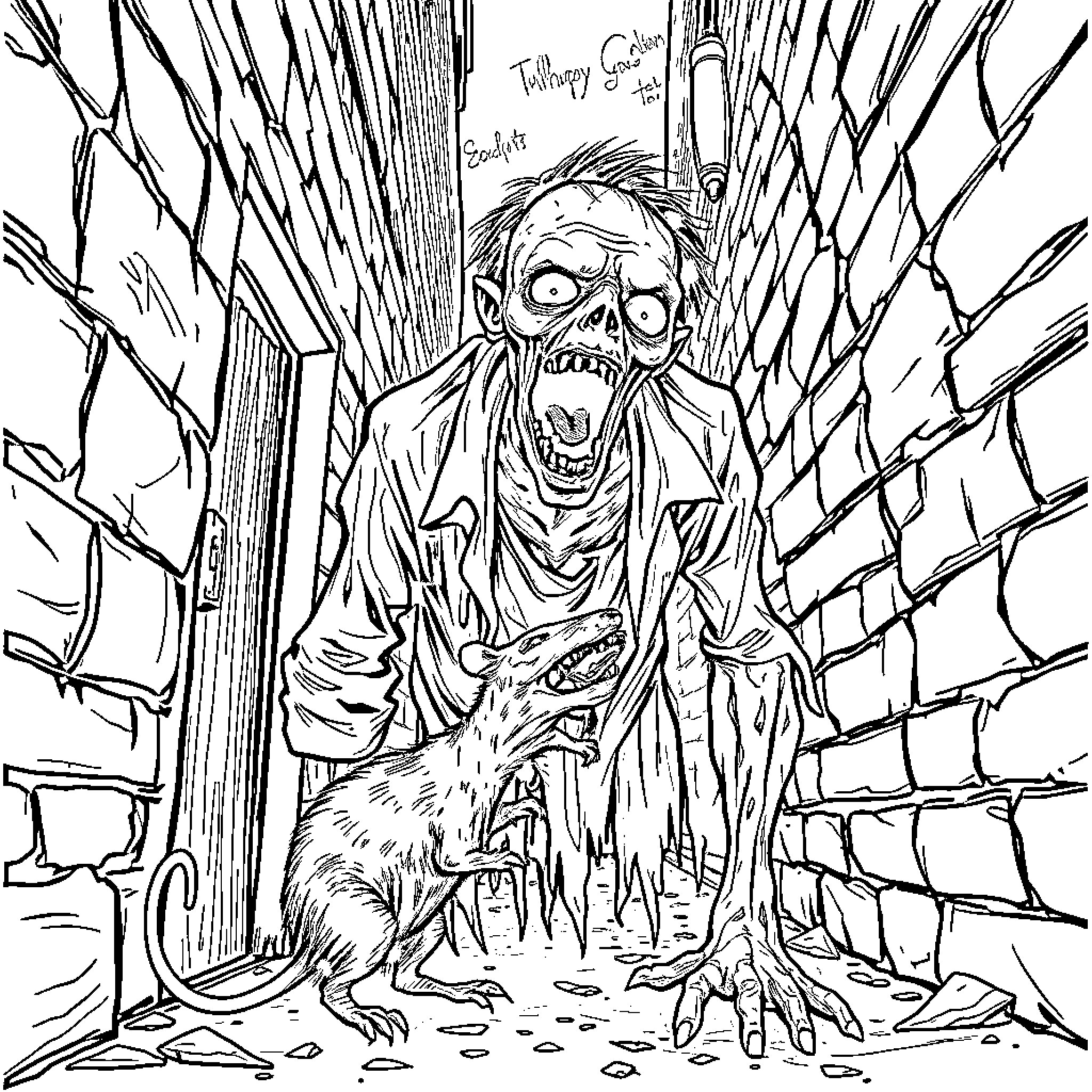 Zombie emerging from a decrepit alley Coloring Page (free black-and-white line drawing printable PDF for all, from beginners to advanced learners, including children, teens, adults, and seniors)