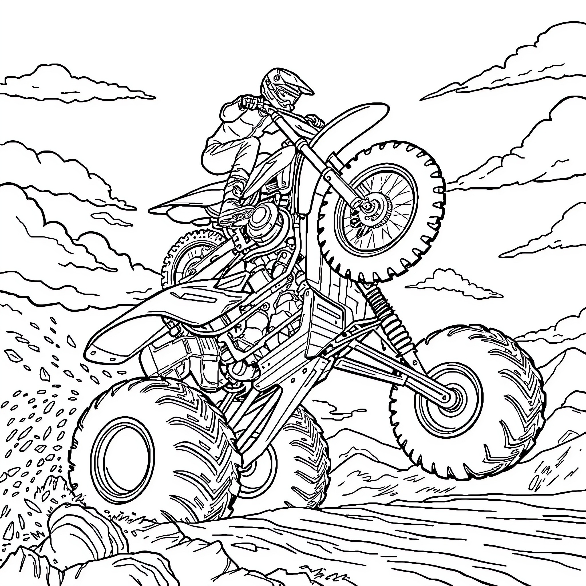 Dirtbike rider soaring over rugged terrain Coloring Page (free black-and-white line drawing printable PDF for all, from beginners to advanced learners, including children, teens, adults, and seniors)