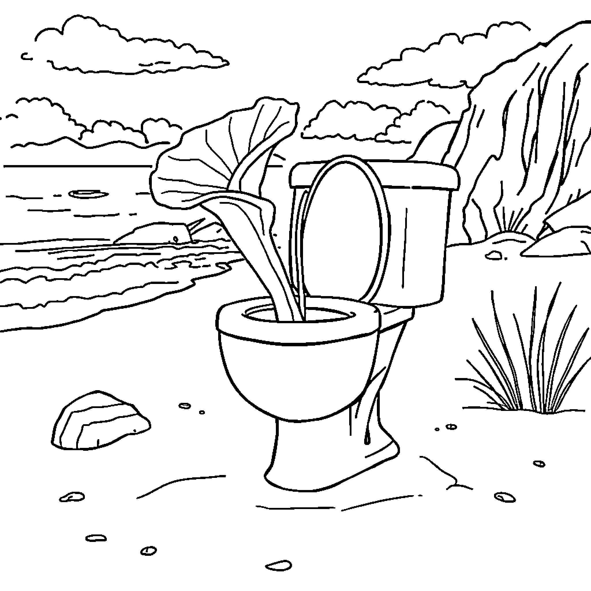 Toilet surrounded by nature's elements Coloring Page (free black-and-white line drawing printable PDF for all, from beginners to advanced learners, including children, teens, adults, and seniors)