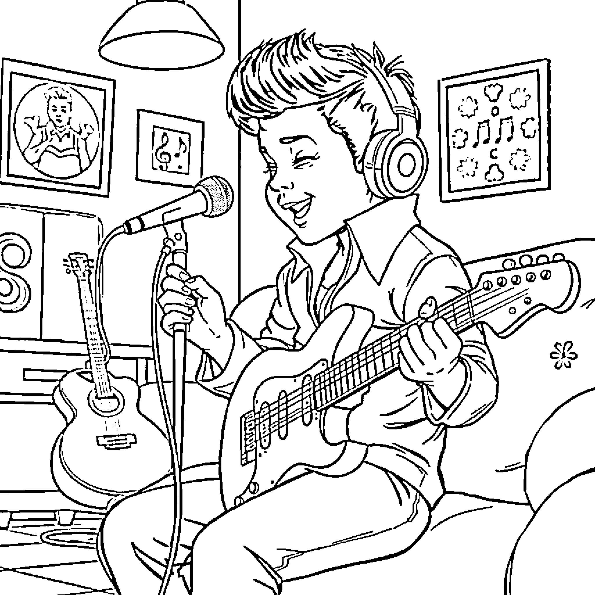 Child enjoying music in recording studio Coloring Page (free black-and-white line drawing printable PDF for all, from beginners to advanced learners, including children, teens, adults, and seniors)