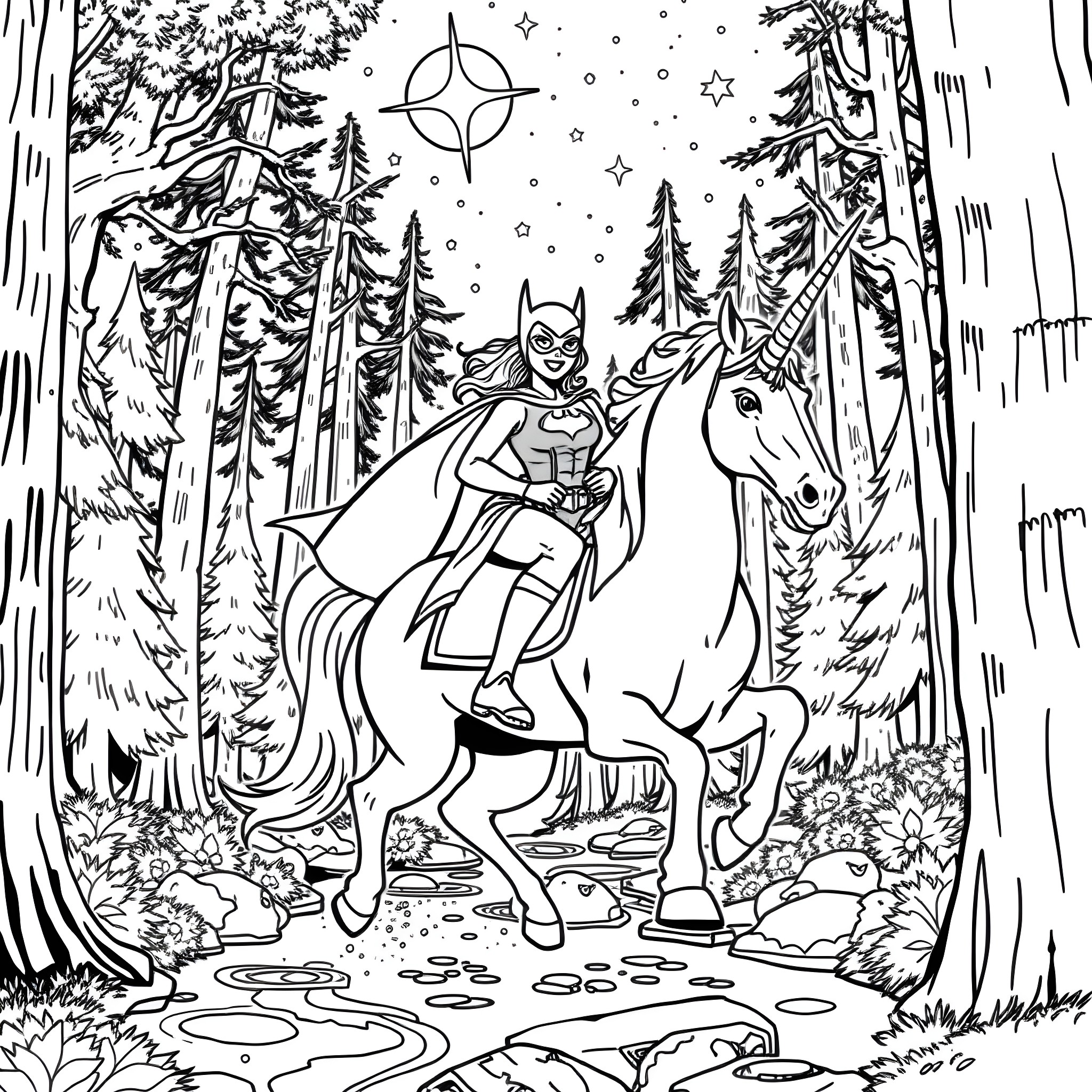 Batgirl riding a unicorn through a magical forest Coloring Page (free black-and-white line drawing printable PDF for all, from beginners to advanced learners, including children, teens, adults, and seniors)