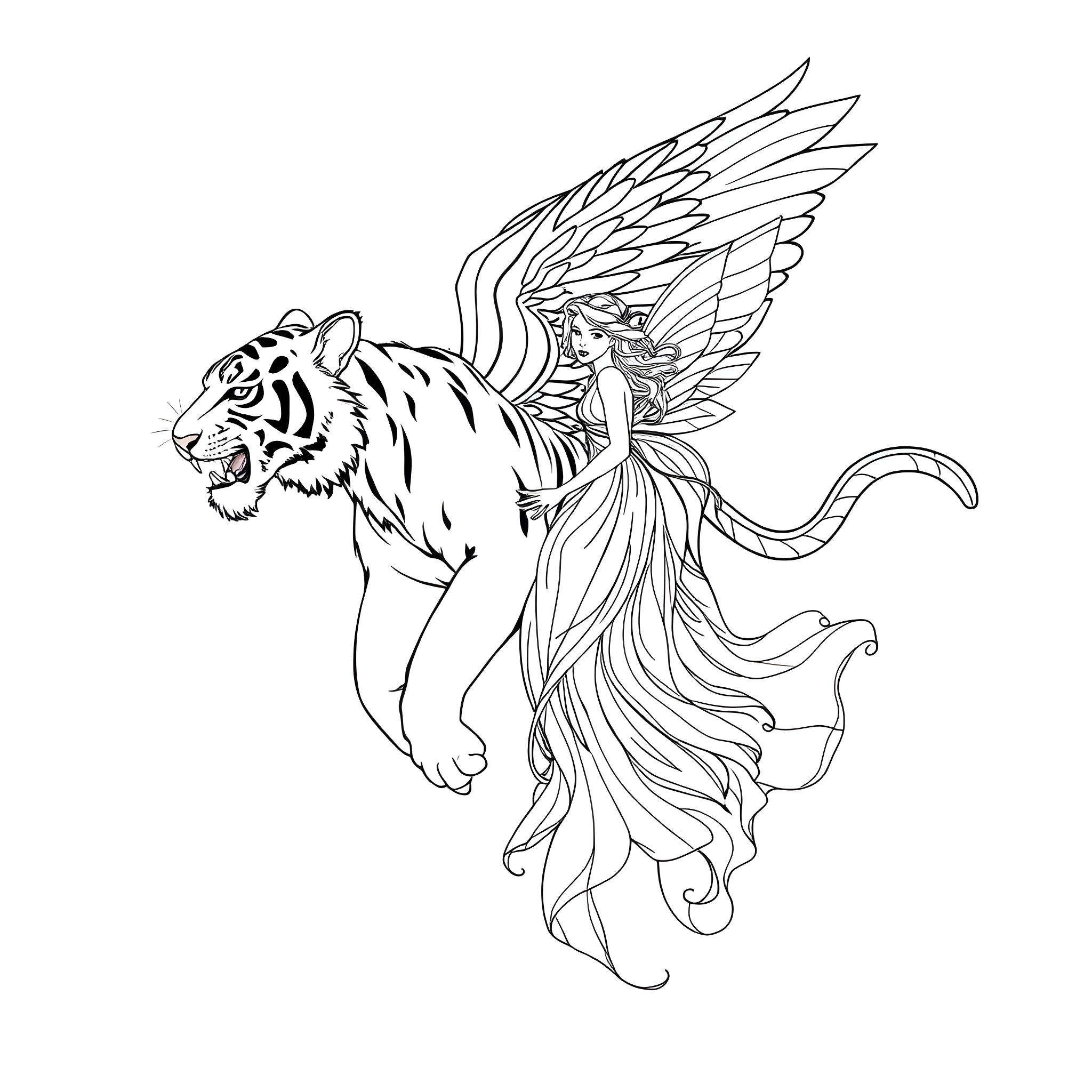 Tiger With Majestic Winged Creature Coloring Page (free black-and-white line drawing printable PDF for all, from beginners to advanced learners, including children, teens, adults, and seniors)