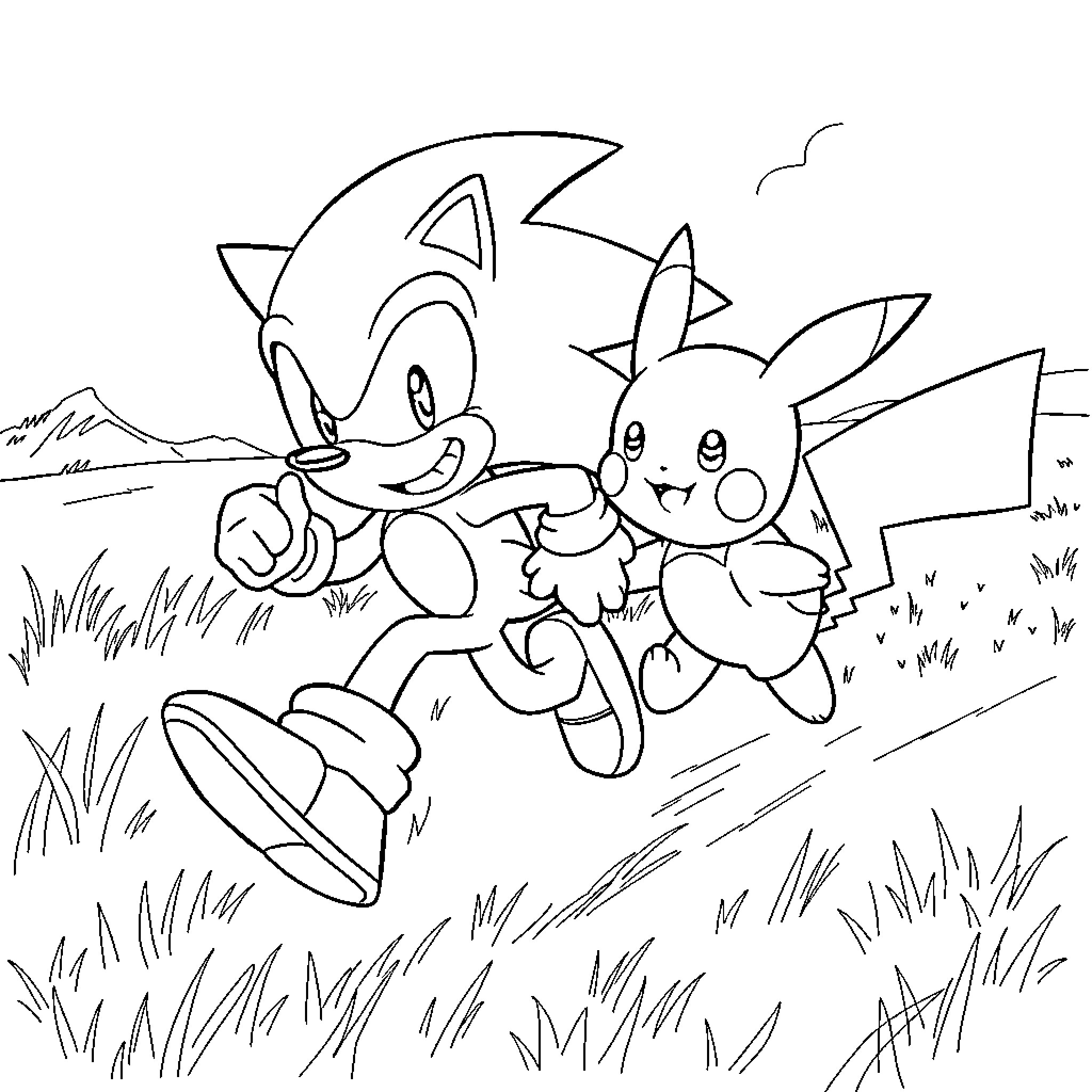 Sonic and Pikachu playing together in a field Coloring Page (free black-and-white line drawing printable PDF for all, from beginners to advanced learners, including children, teens, adults, and seniors)