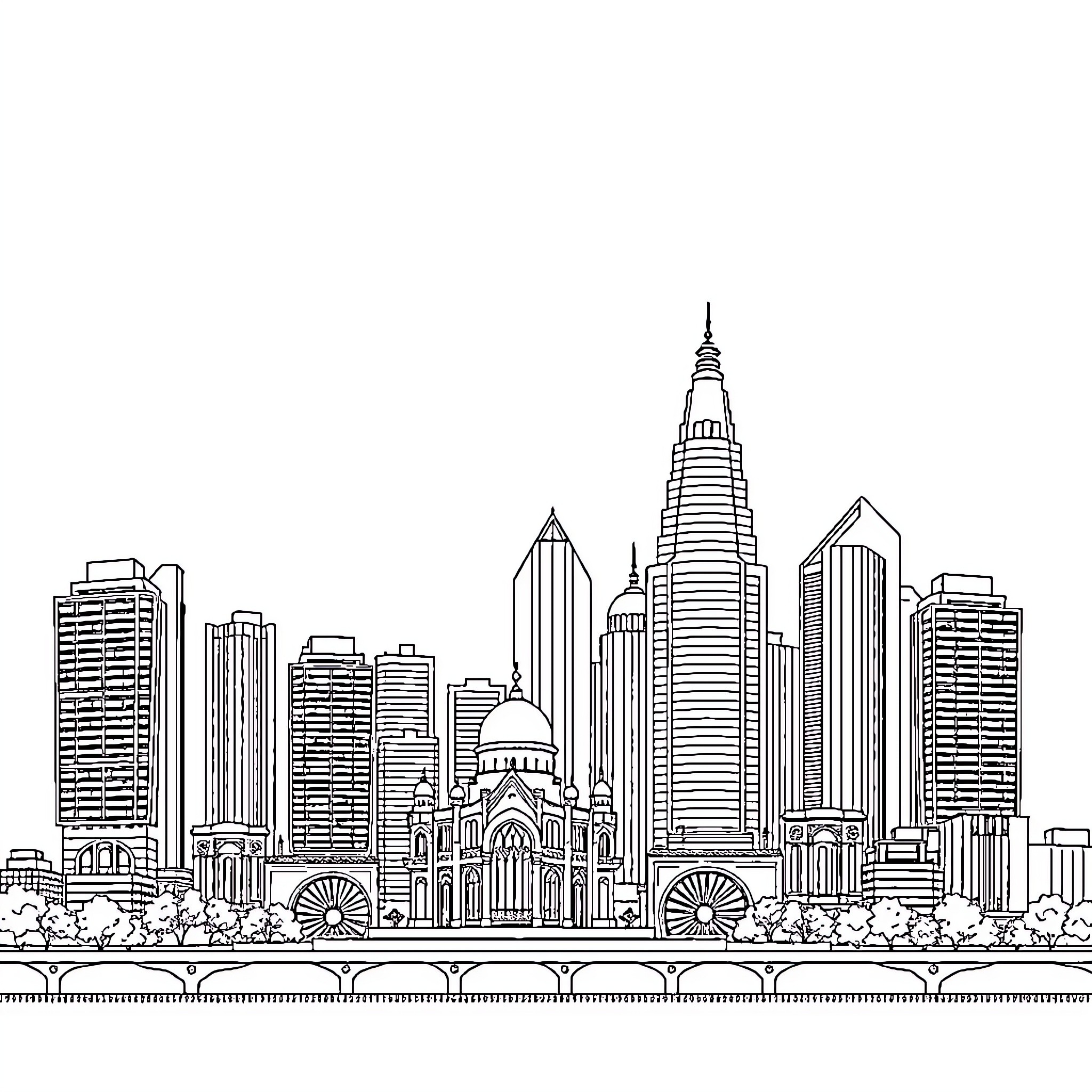 Mumbai skyline with iconic architectural landmarks Coloring Page (free black-and-white line drawing printable PDF for all, from beginners to advanced learners, including children, teens, adults, and seniors)