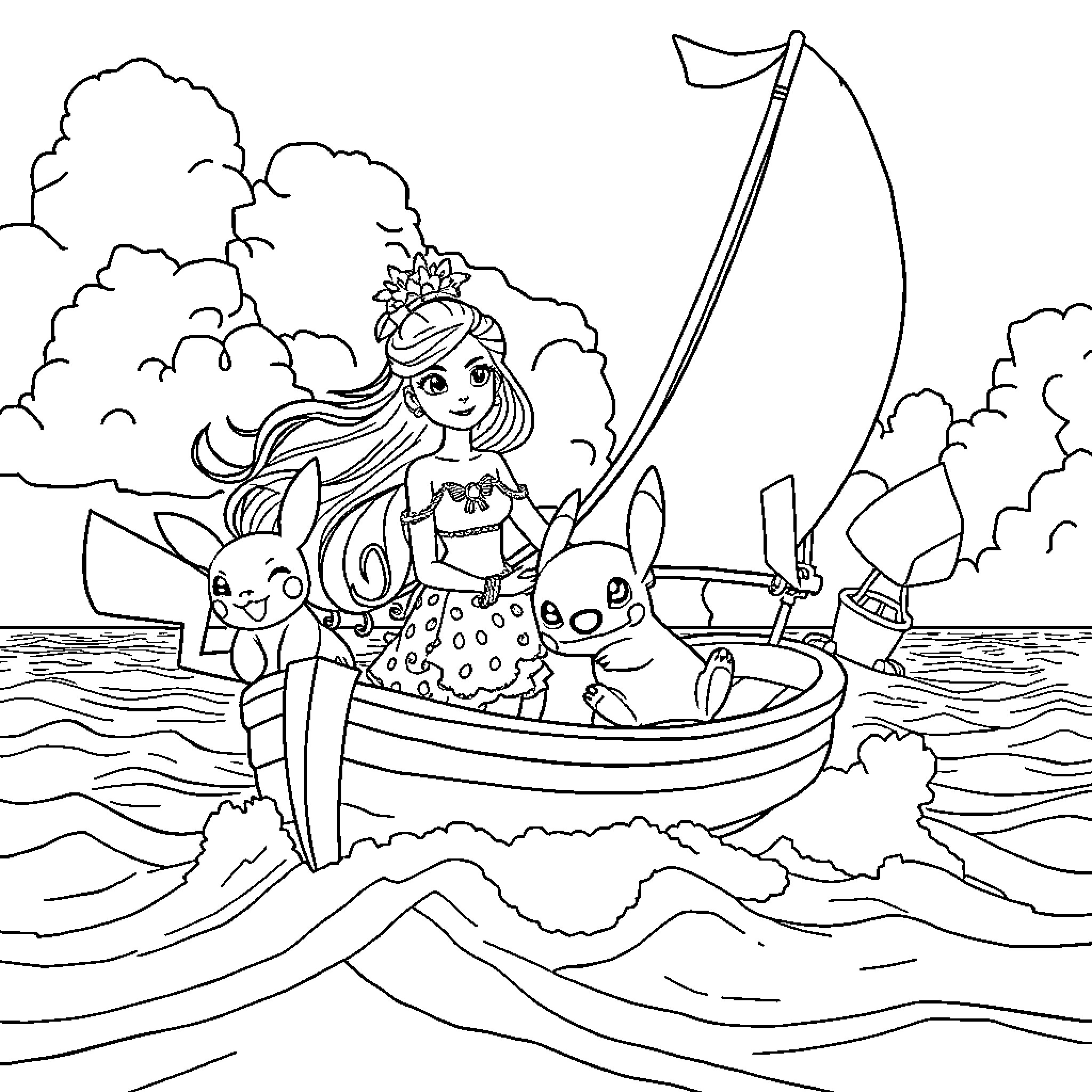 Pikachu and friends go on a sailing adventure Coloring Page (free black-and-white line drawing printable PDF for all, from beginners to advanced learners, including children, teens, adults, and seniors)