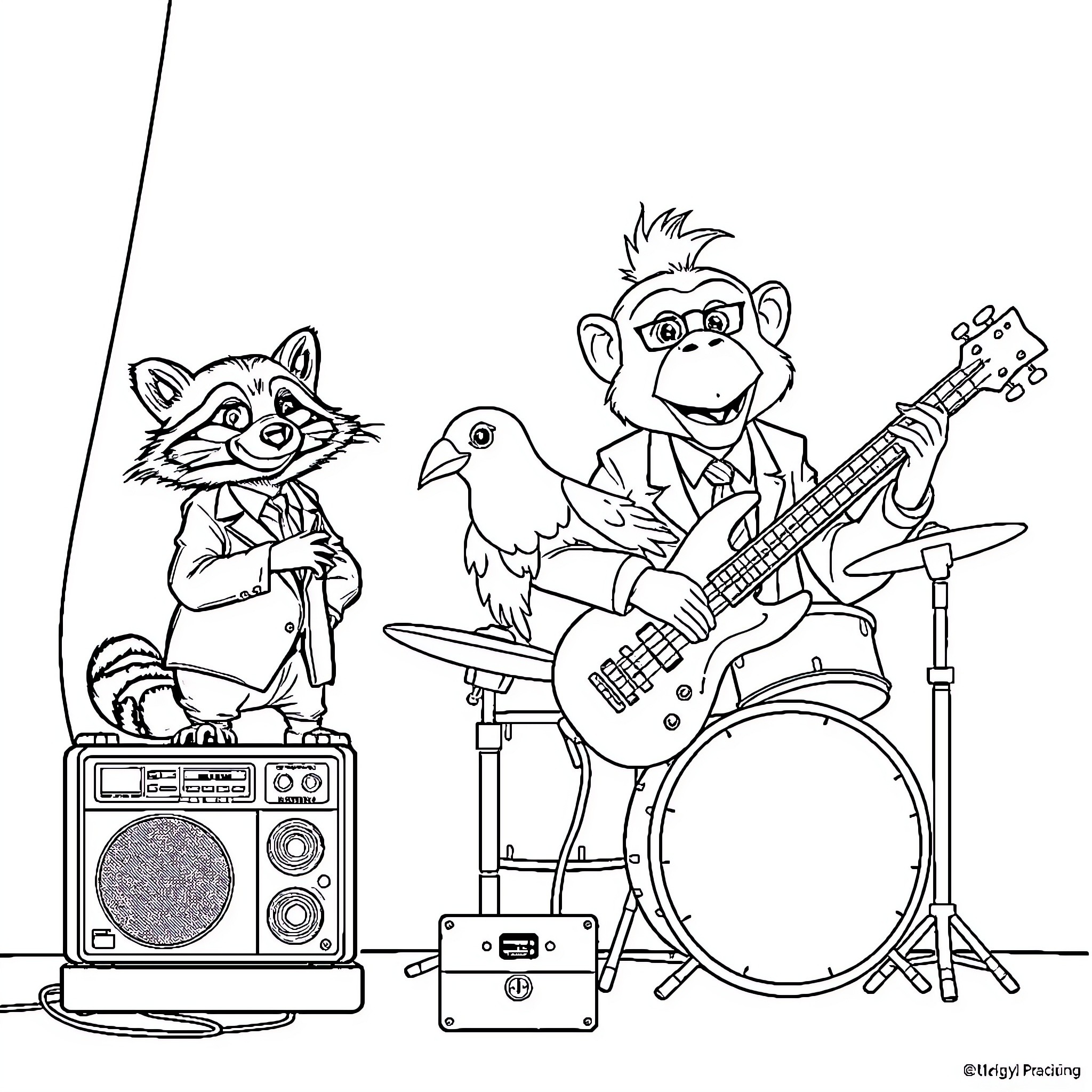 Animal band performing on stage with instruments Coloring Page (free black-and-white line drawing printable PDF for all, from beginners to advanced learners, including children, teens, adults, and seniors)