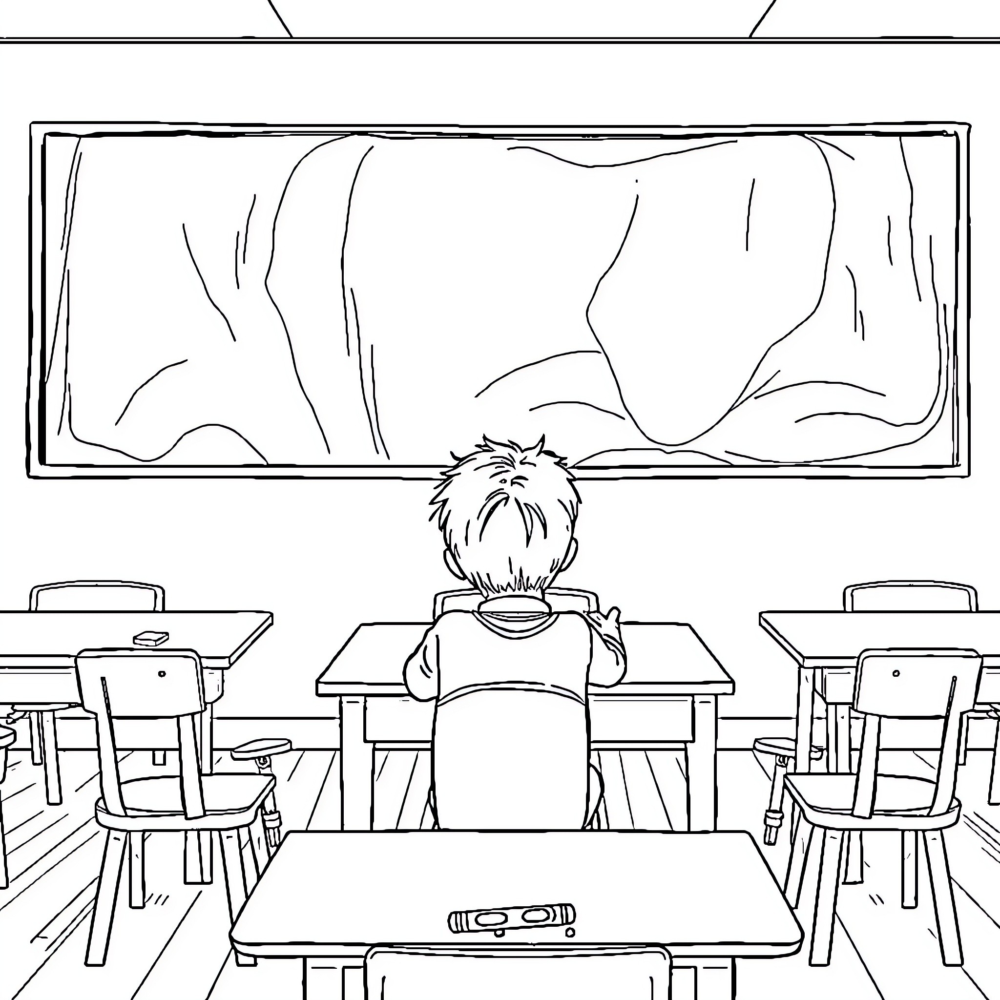 Enfant contemplating in classroom Coloring Page (free black-and-white line drawing printable PDF for all, from beginners to advanced learners, including children, teens, adults, and seniors)