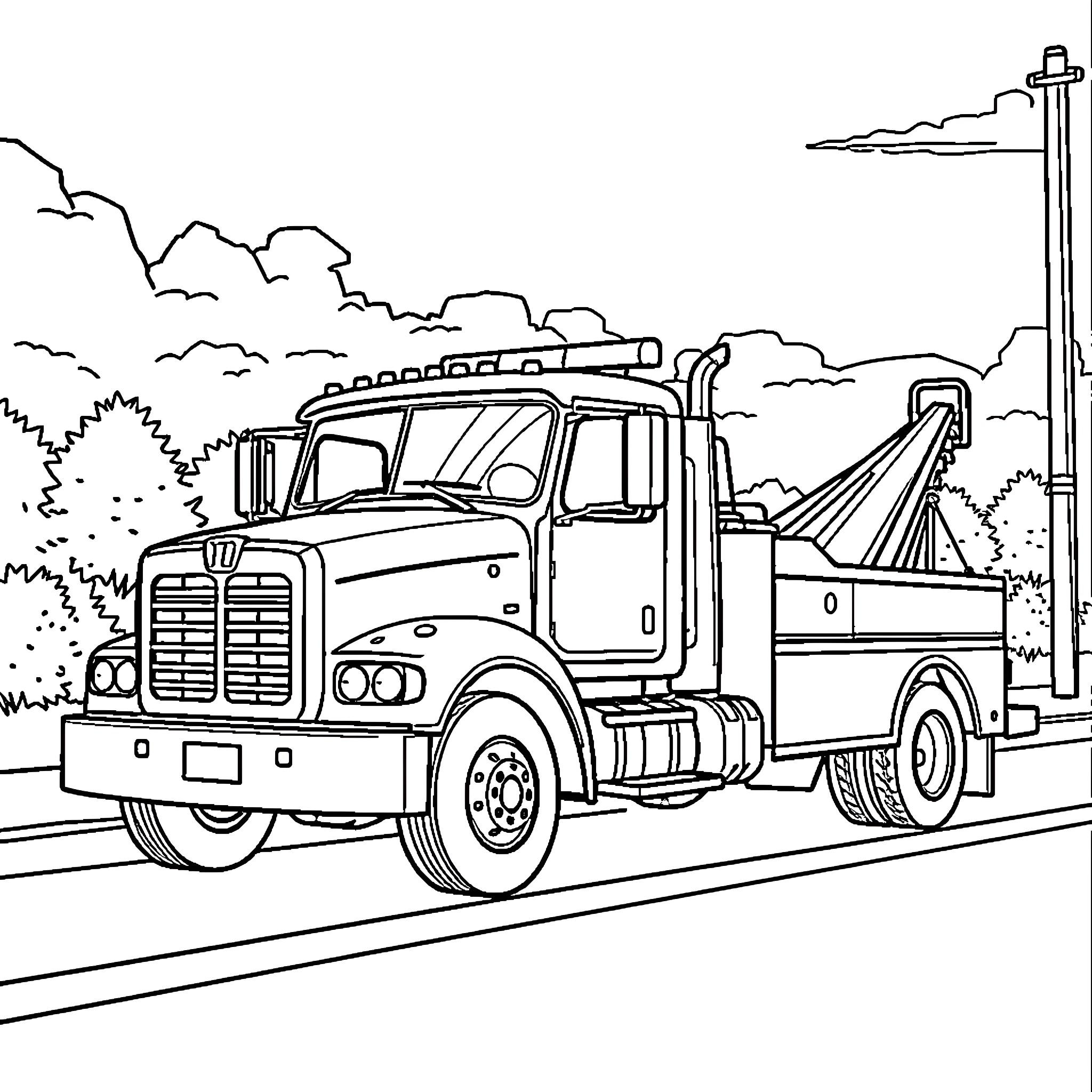 Tow Truck Hauling Vehicle on the Road Coloring Page (free black-and-white line drawing printable PDF for all, from beginners to advanced learners, including children, teens, adults, and seniors)