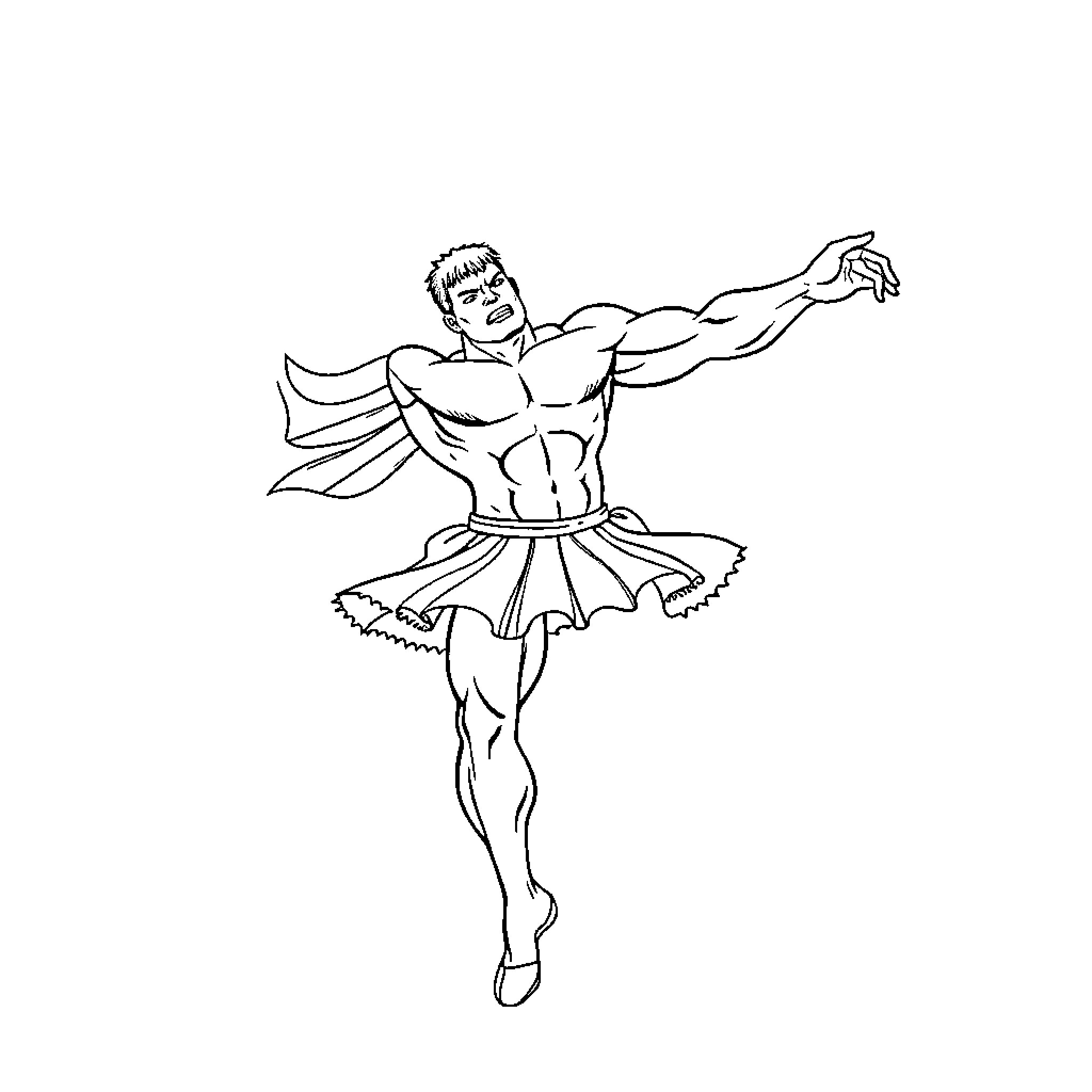 Hulk dancing in a ballerina tutu Coloring Page (free black-and-white line drawing printable PDF for all, from beginners to advanced learners, including children, teens, adults, and seniors)
