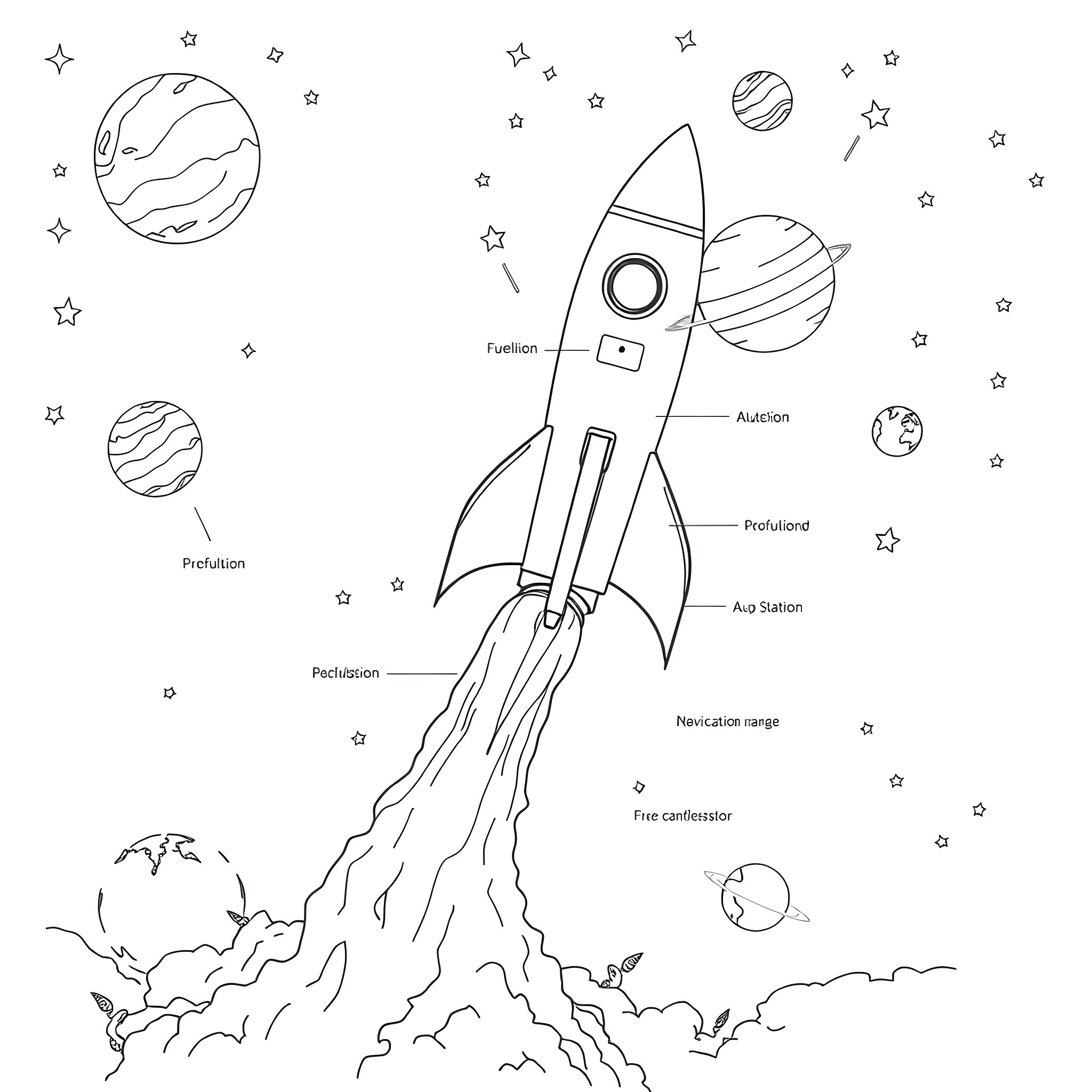 Rocket launching into the starry space Coloring Page (free black-and-white line drawing printable PDF for all, from beginners to advanced learners, including children, teens, adults, and seniors)