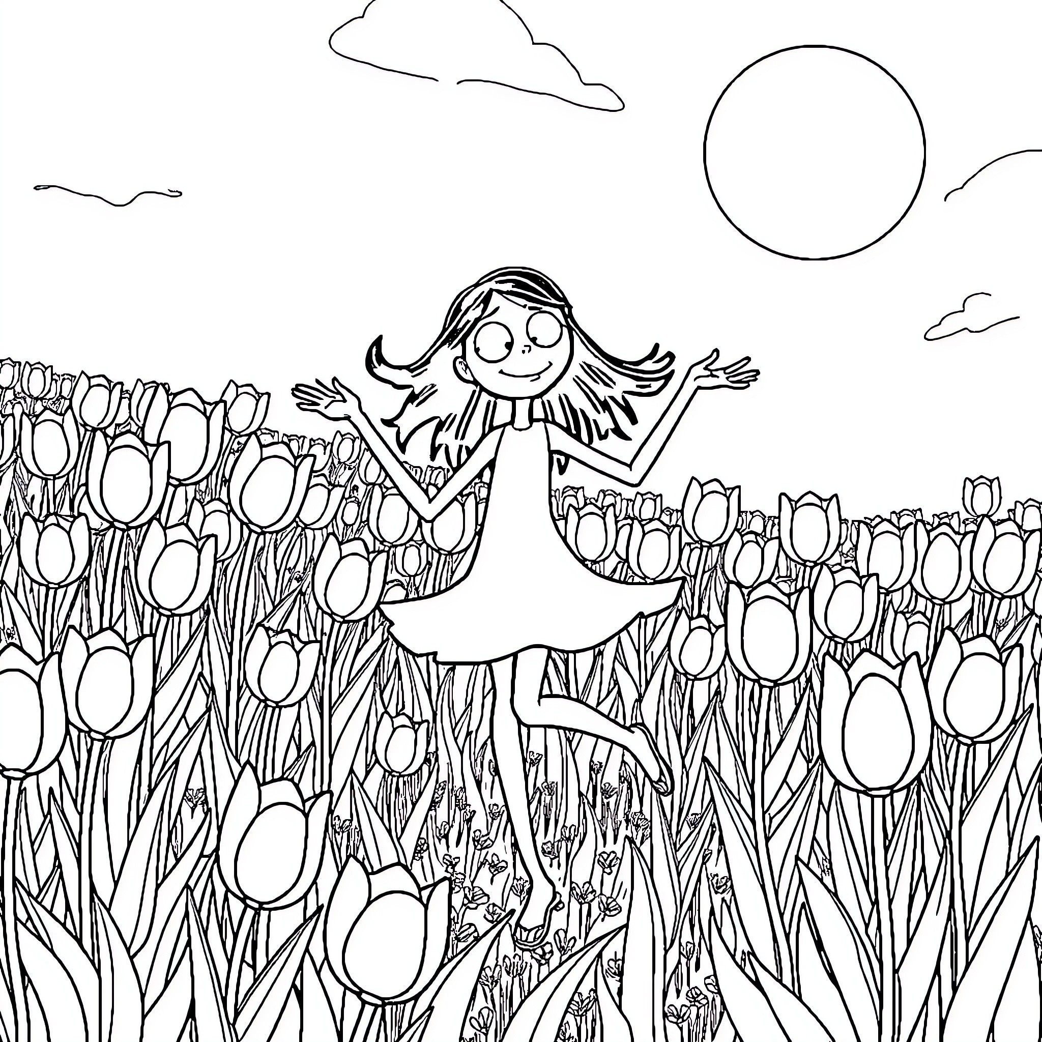 Coraline exploring a field of tulips Coloring Page (free black-and-white line drawing printable PDF for all, from beginners to advanced learners, including children, teens, adults, and seniors)