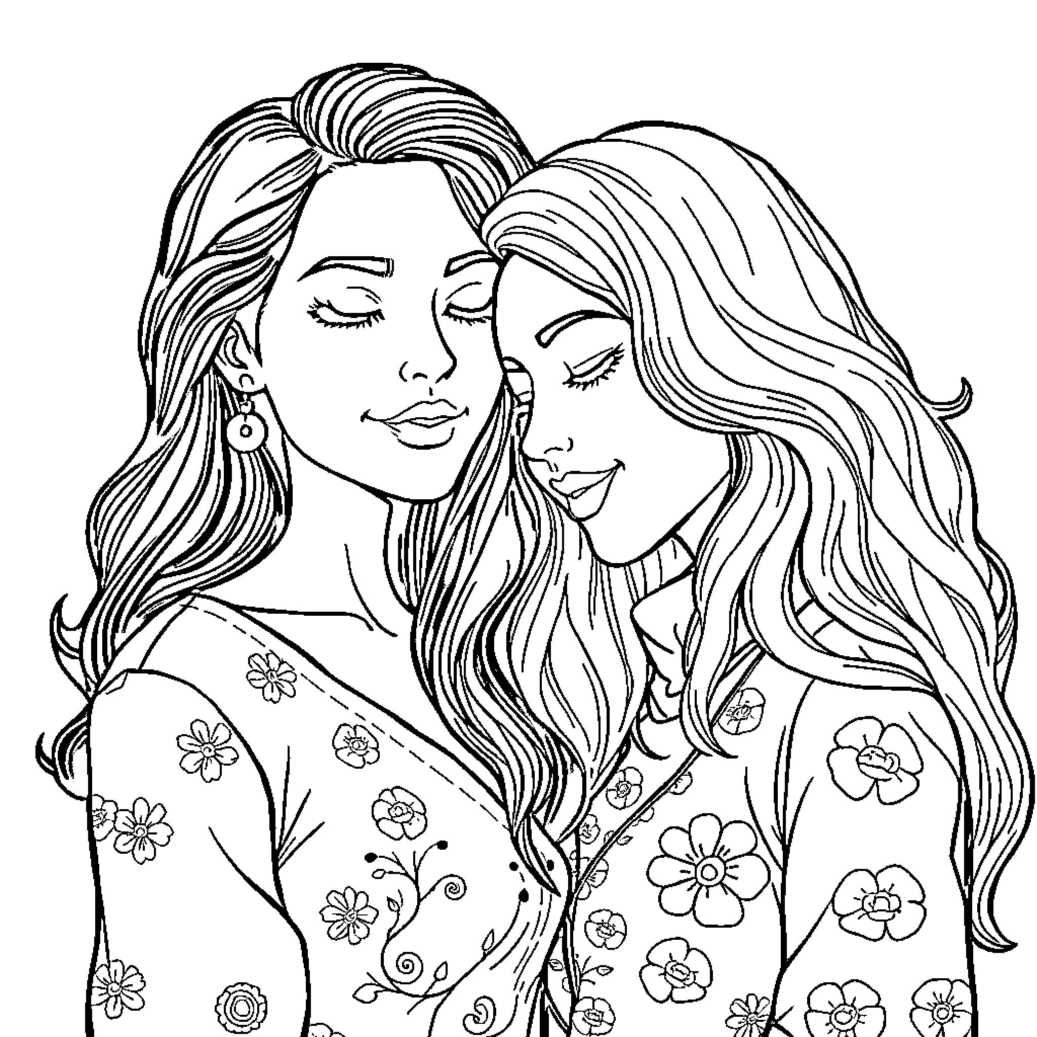 Wlw Embracing Affectionately in Floral Attire Coloring Page (free black-and-white line drawing printable PDF for all, from beginners to advanced learners, including children, teens, adults, and seniors)