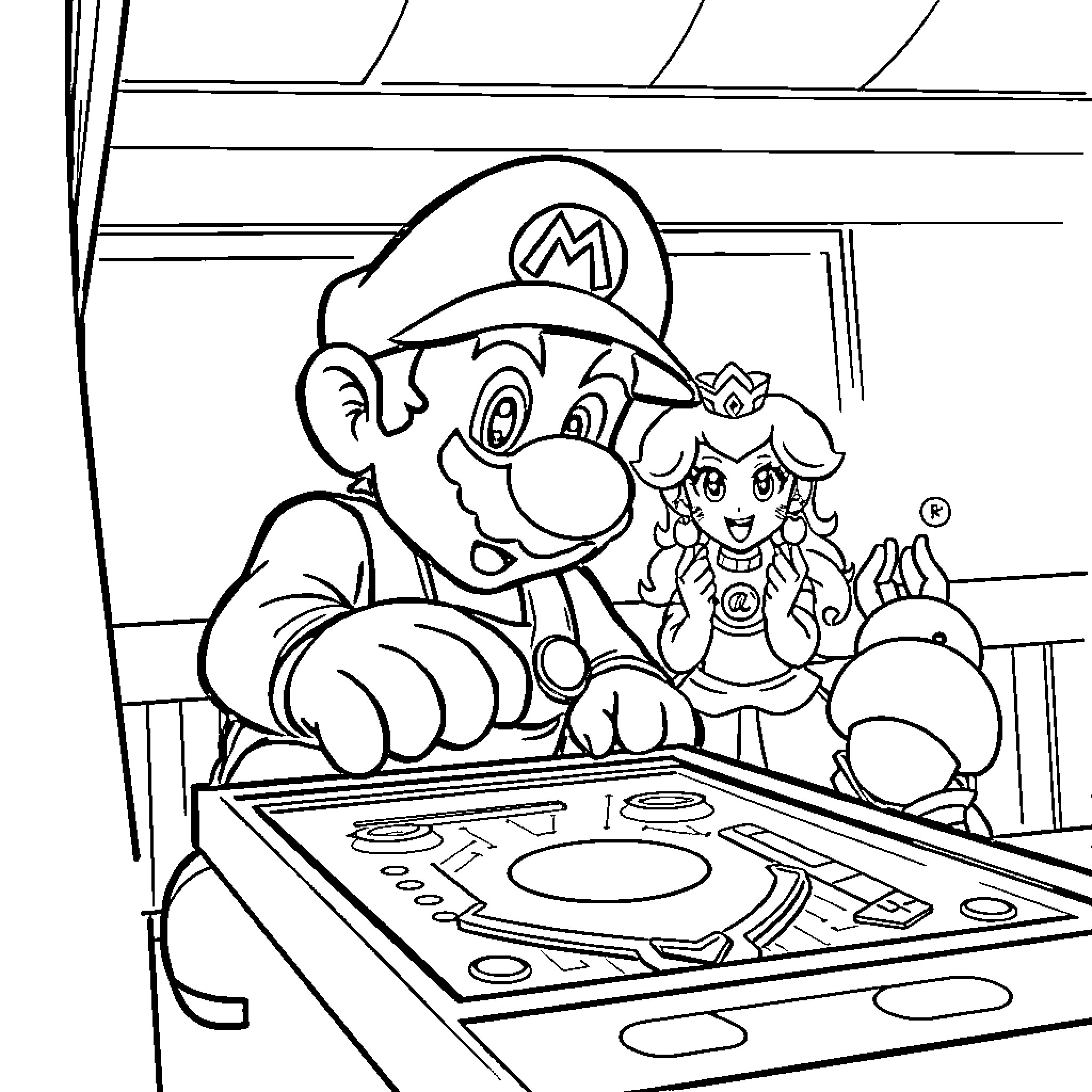Mario's Fun Video Game Adventure Coloring Page (free black-and-white line drawing printable PDF for all, from beginners to advanced learners, including children, teens, adults, and seniors)