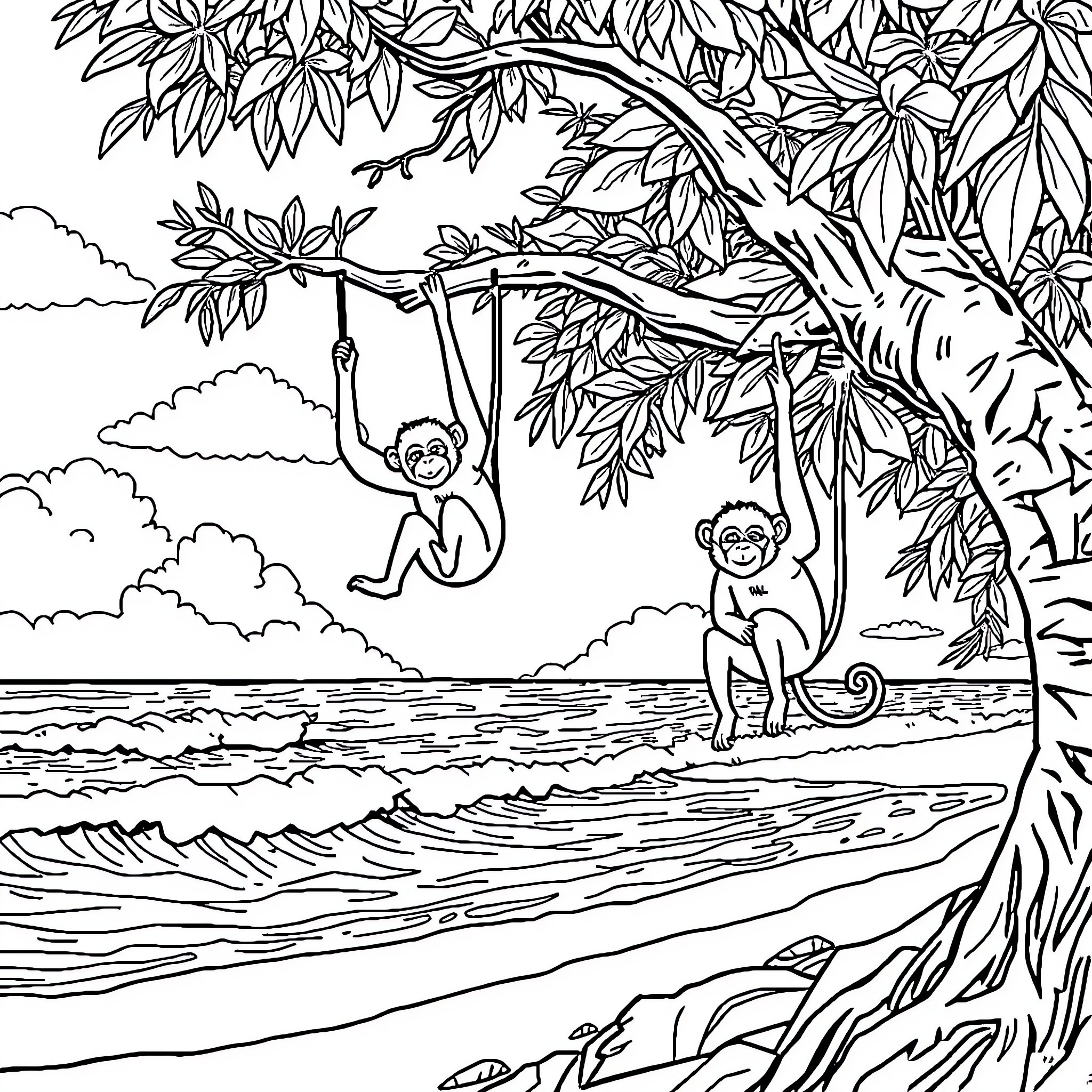 Monkeys playing in the jungle Coloring Page (free black-and-white line drawing printable PDF for all, from beginners to advanced learners, including children, teens, adults, and seniors)