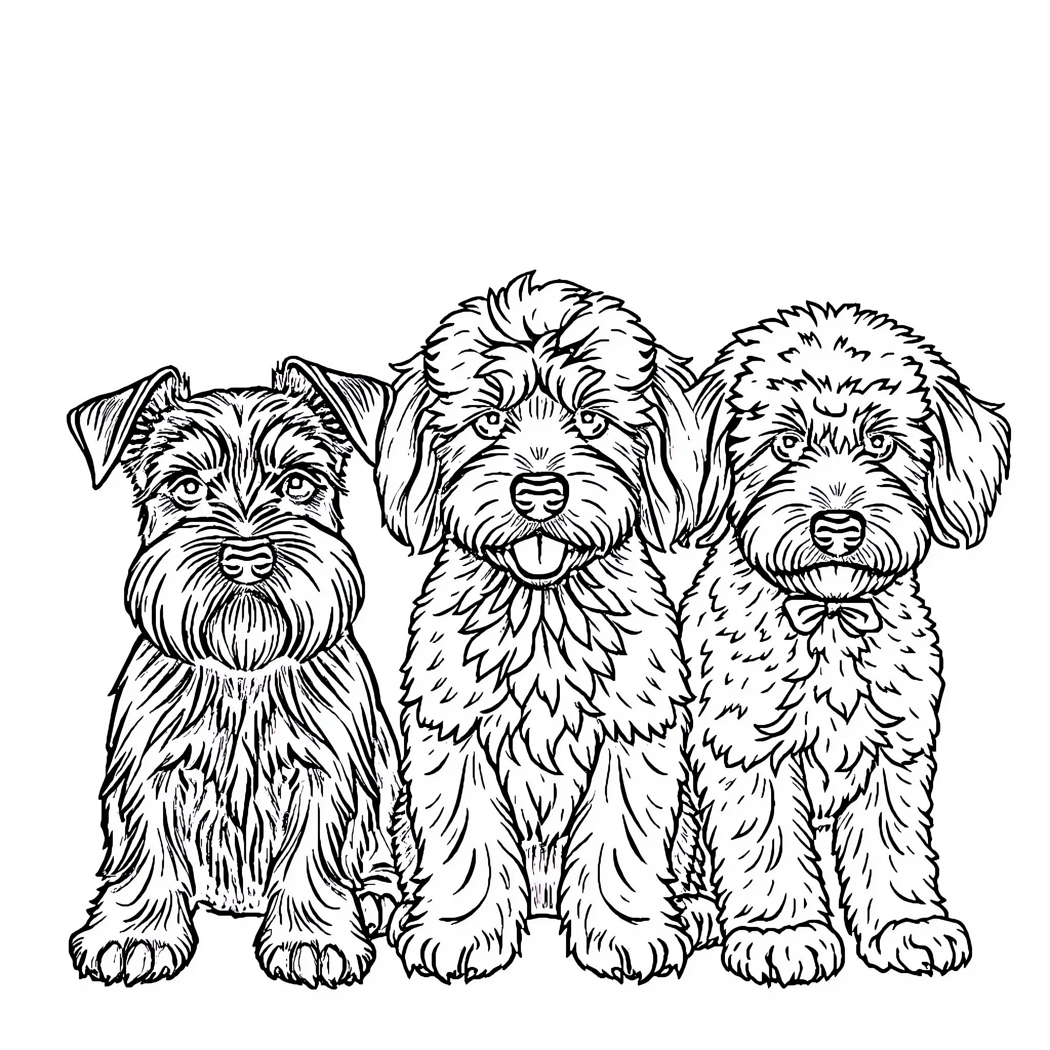 Dog Trio Posing Together Happily Coloring Page (free black-and-white line drawing printable PDF for all, from beginners to advanced learners, including children, teens, adults, and seniors)