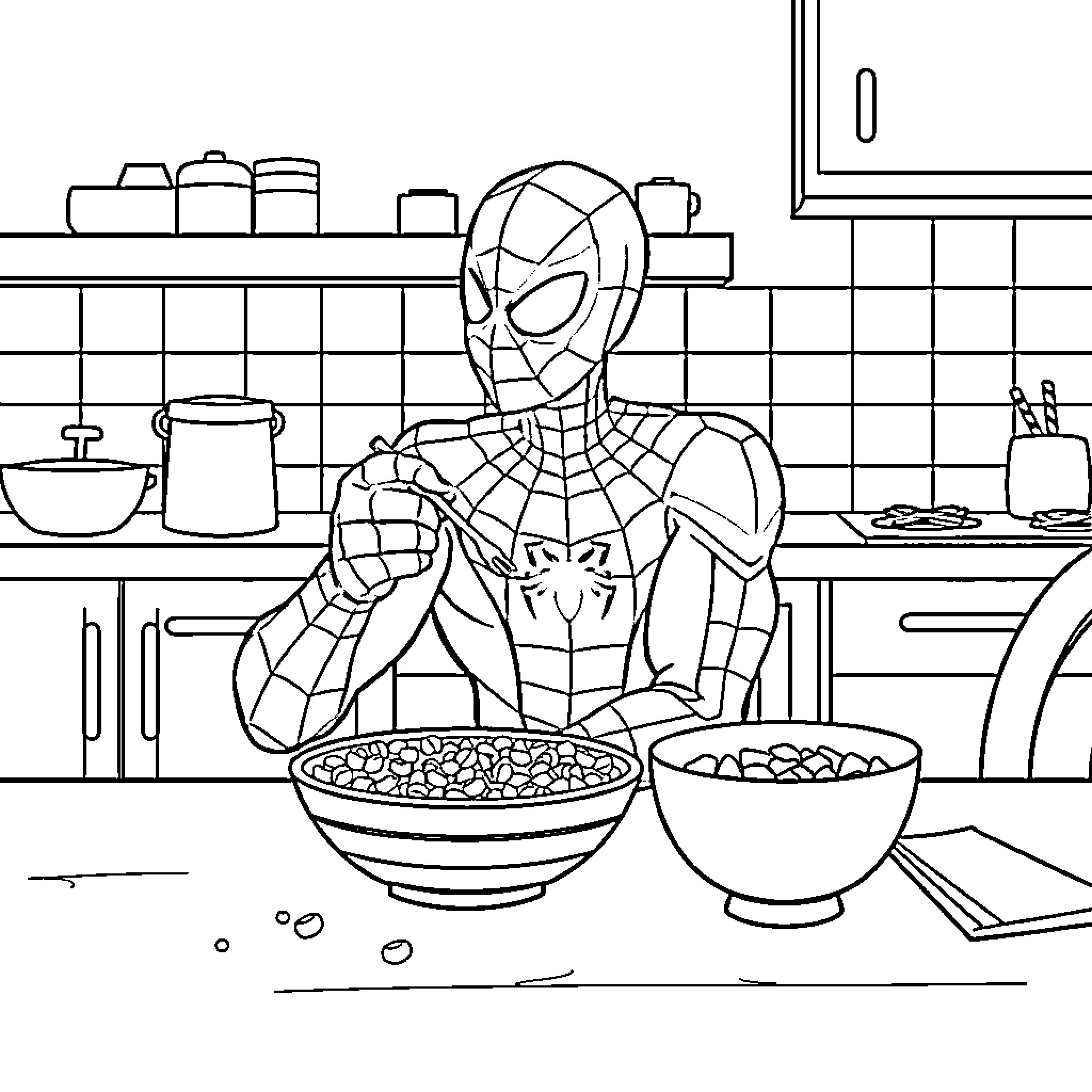 Spiderman making a healthy snack in the kitchen Coloring Page (free black-and-white line drawing printable PDF for all, from beginners to advanced learners, including children, teens, adults, and seniors)