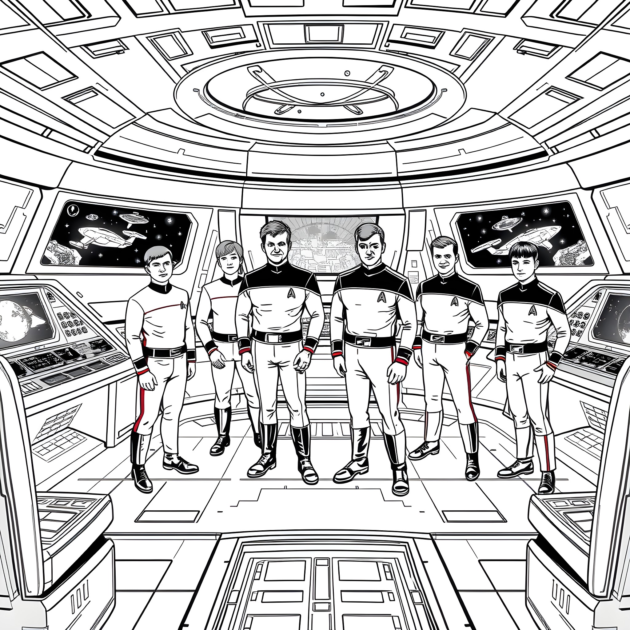 Star Trek crew members on the bridge of a starship Coloring Page (free black-and-white line drawing printable PDF for all, from beginners to advanced learners, including children, teens, adults, and seniors)