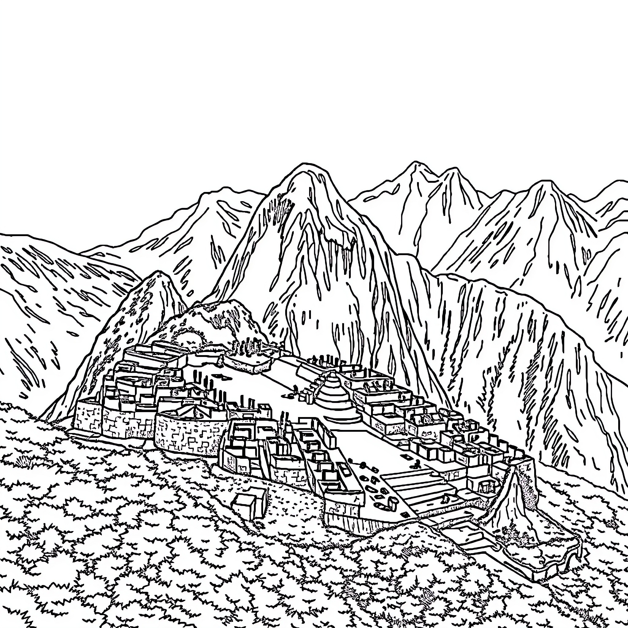 Machu Picchu ancient Inca ruins in the Andes Mountains Coloring Page (free black-and-white line drawing printable PDF for all, from beginners to advanced learners, including children, teens, adults, and seniors)