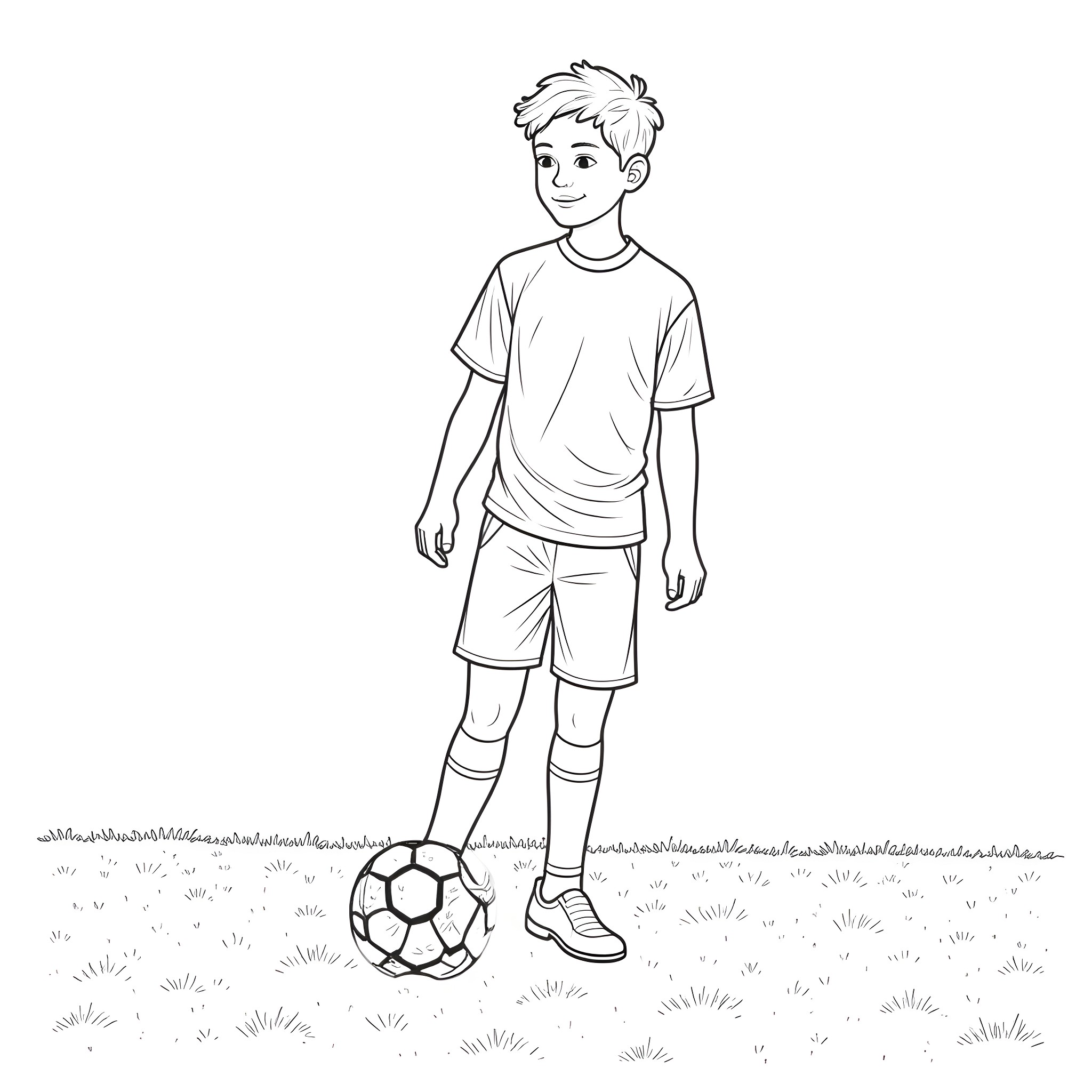 Student playing with soccer ball on the field Coloring Page (free black-and-white line drawing printable PDF for all, from beginners to advanced learners, including children, teens, adults, and seniors)