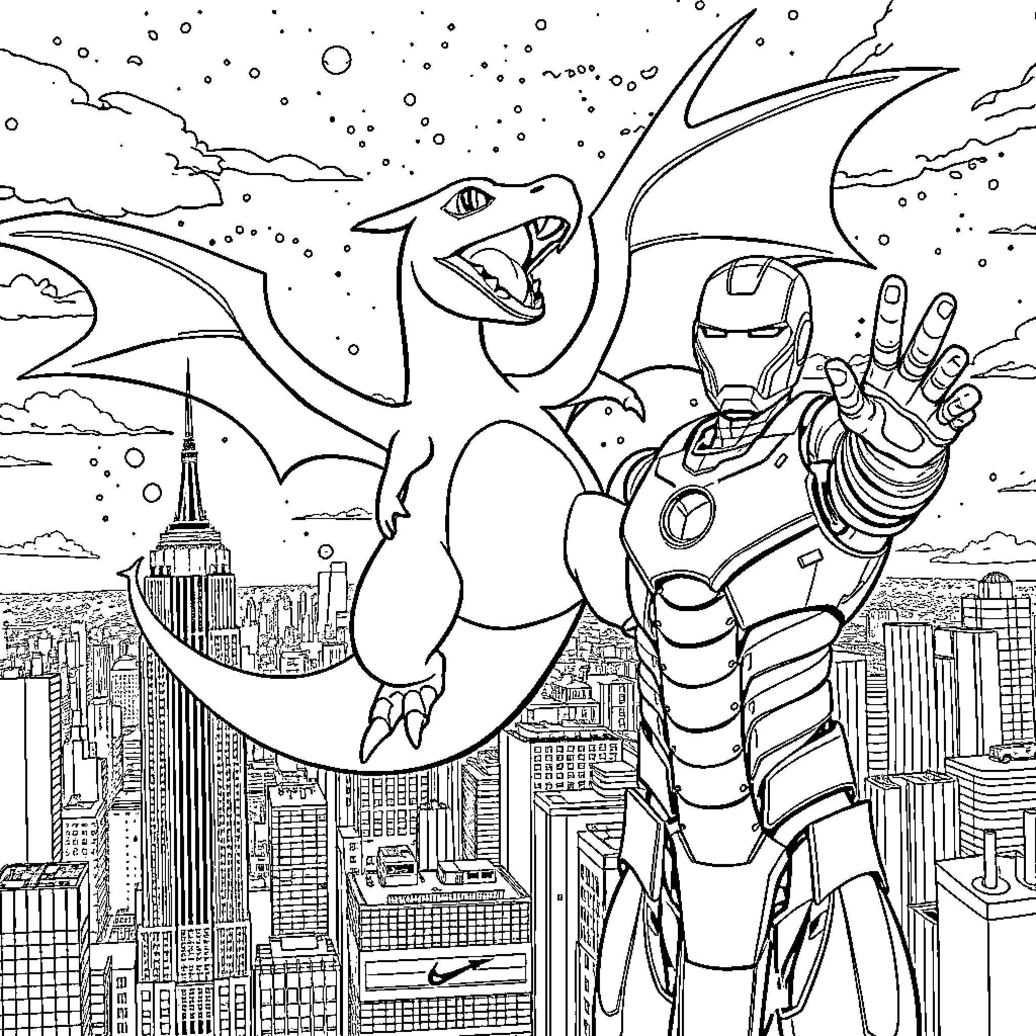 Charizard and Iron Man soaring over the city Coloring Page (free black-and-white line drawing printable PDF for all, from beginners to advanced learners, including children, teens, adults, and seniors)