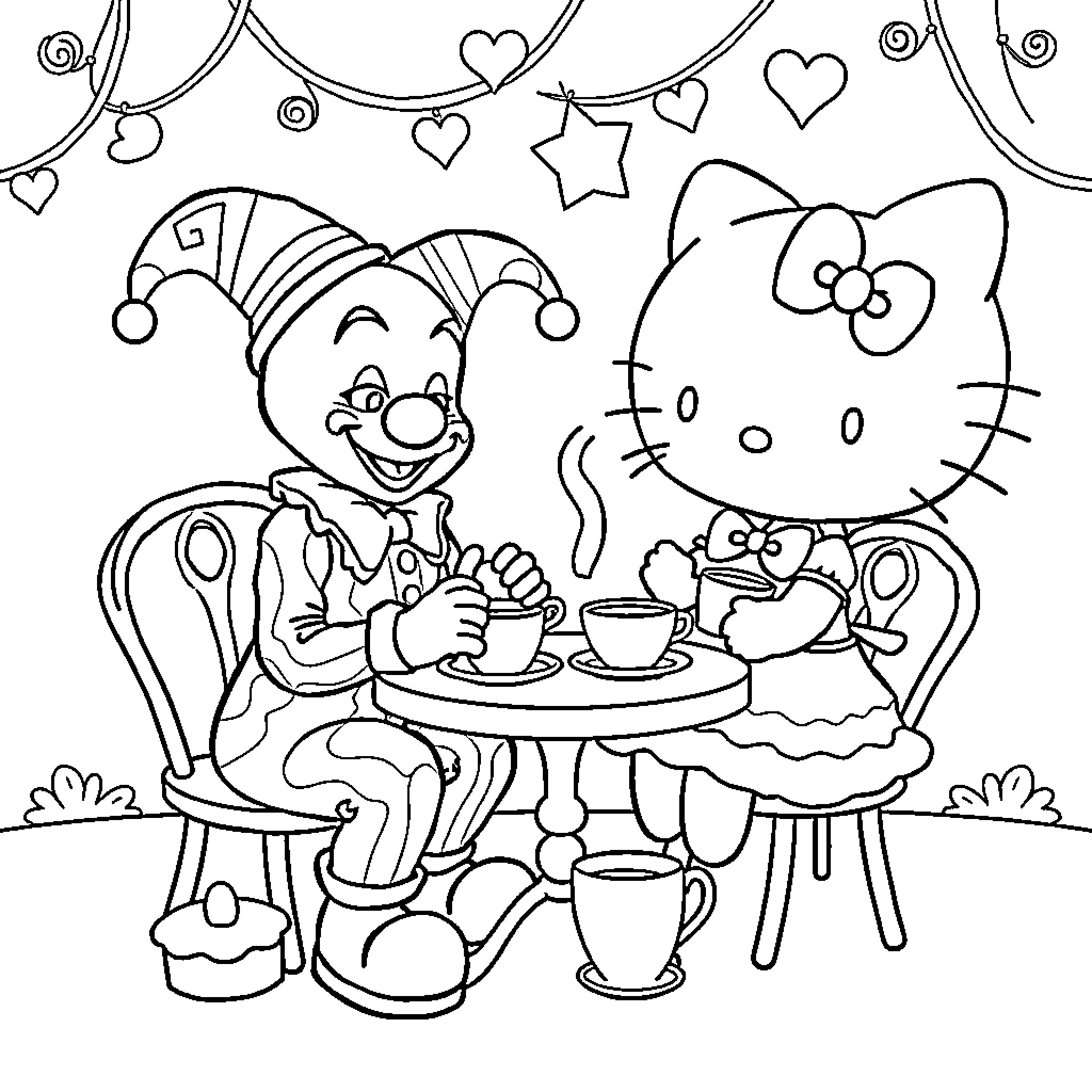 Art The Clown and Hello Kitty enjoying tea party Coloring Page (free black-and-white line drawing printable PDF for all, from beginners to advanced learners, including children, teens, adults, and seniors)