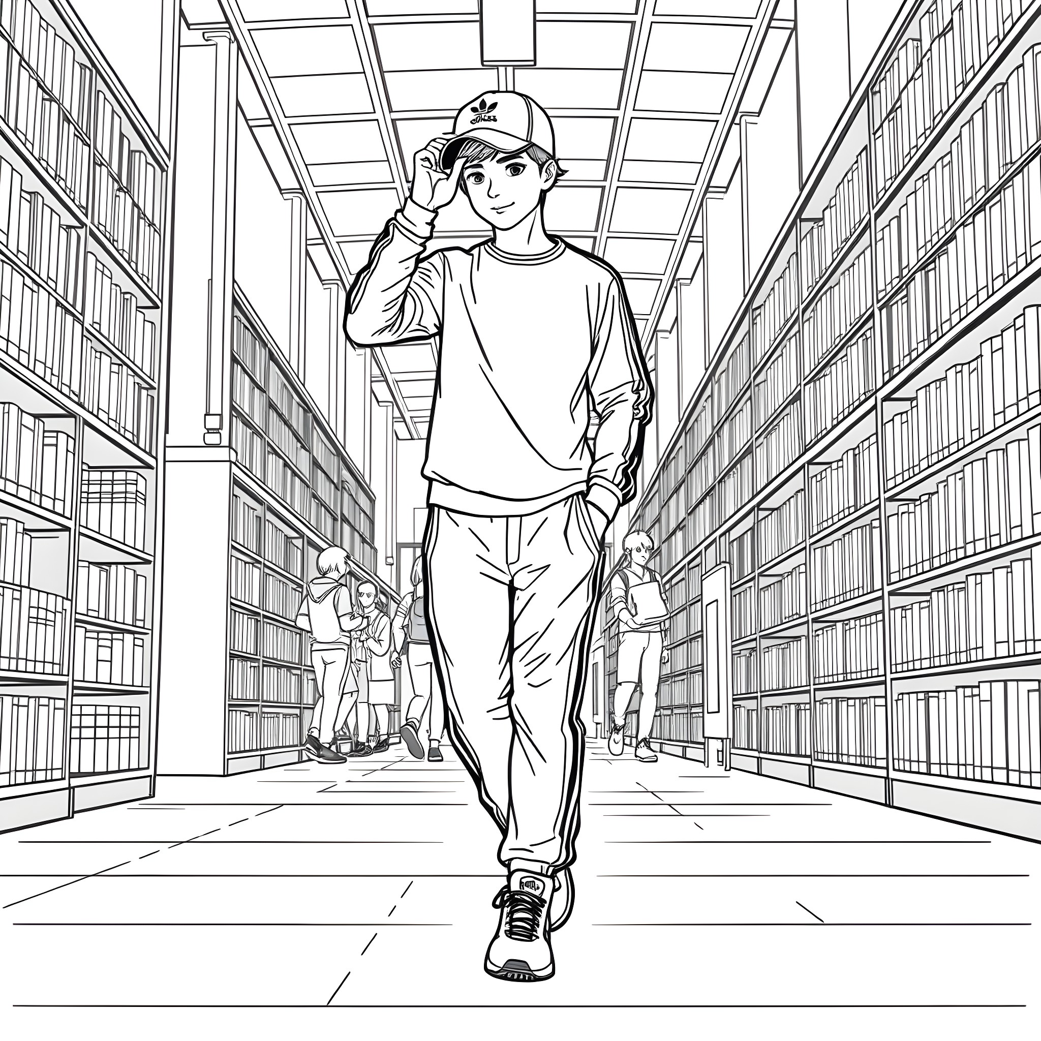 Teen Guy Exploring the Library Coloring Page (free black-and-white line drawing printable PDF for all, from beginners to advanced learners, including children, teens, adults, and seniors)