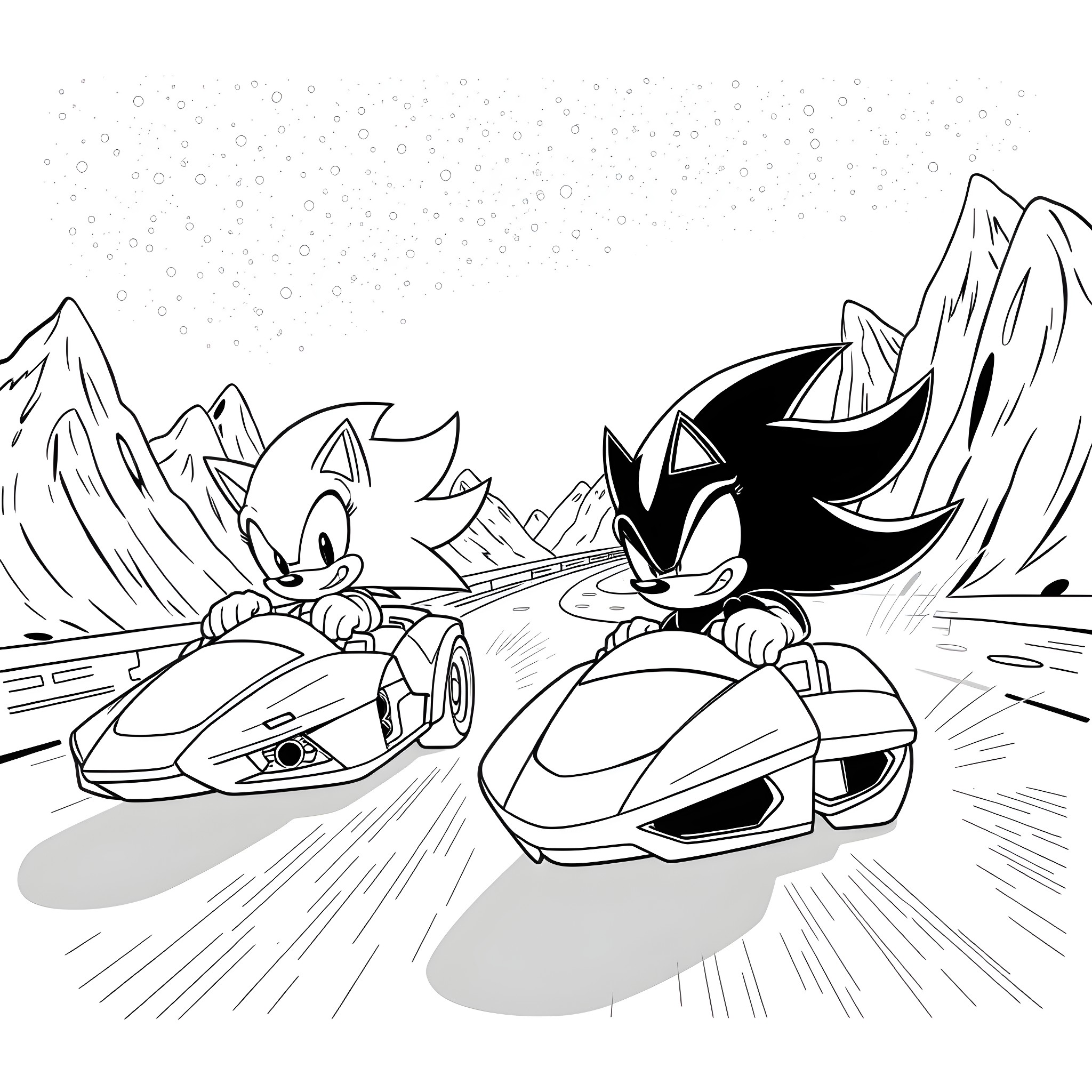 Hedgehog heroes racing through snowy mountains Coloring Page (free black-and-white line drawing printable PDF for all, from beginners to advanced learners, including children, teens, adults, and seniors)