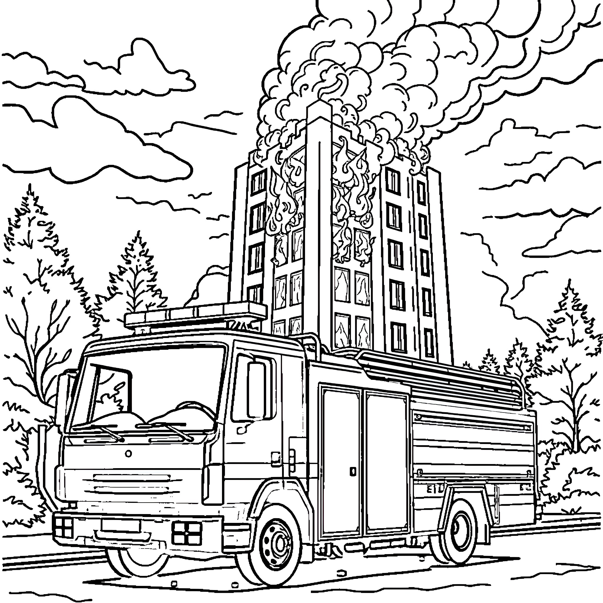 Firetruck responding to emergency at burning building Coloring Page (free black-and-white line drawing printable PDF for all, from beginners to advanced learners, including children, teens, adults, and seniors)