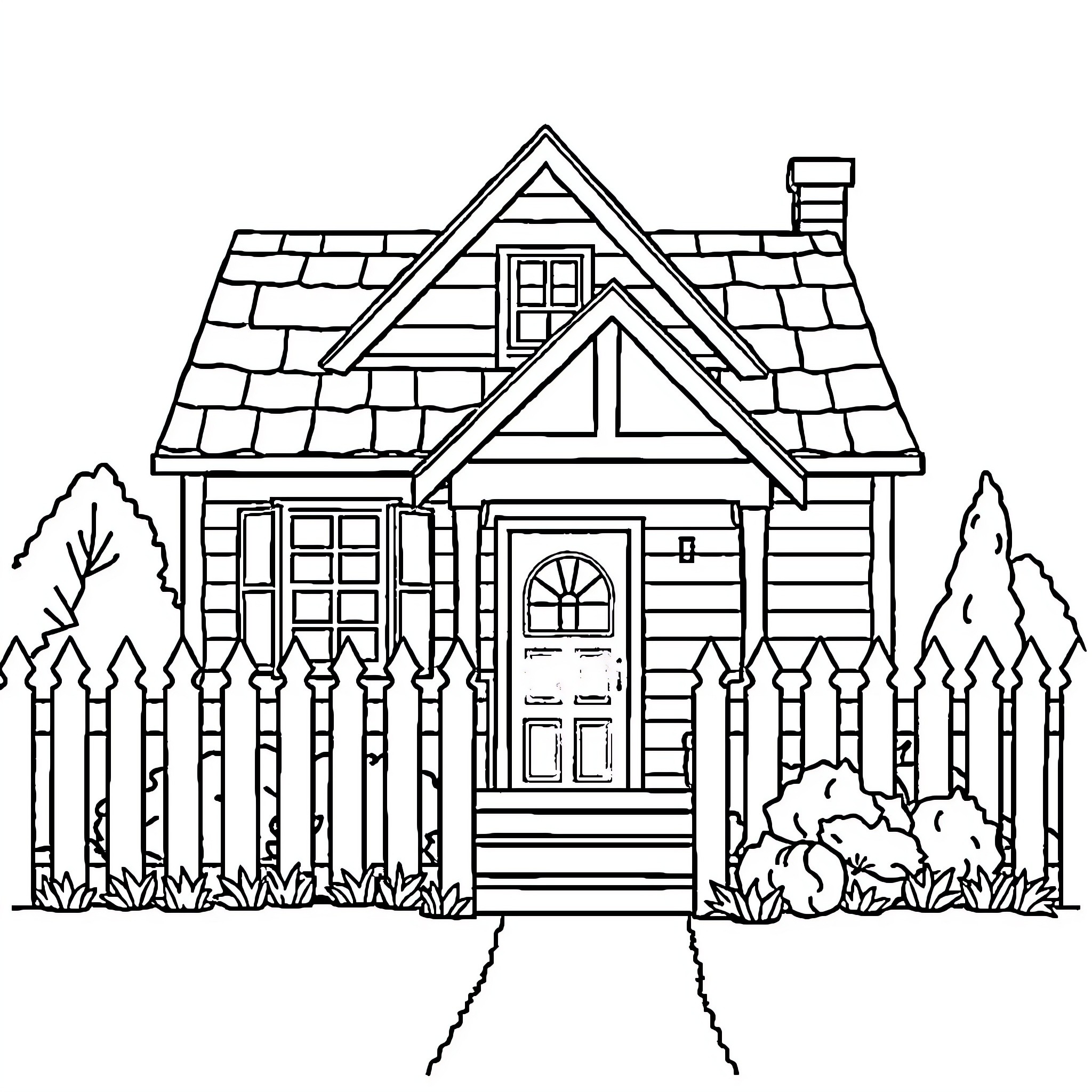 House with quaint exterior and surrounding fence Coloring Page (free black-and-white line drawing printable PDF for all, from beginners to advanced learners, including children, teens, adults, and seniors)