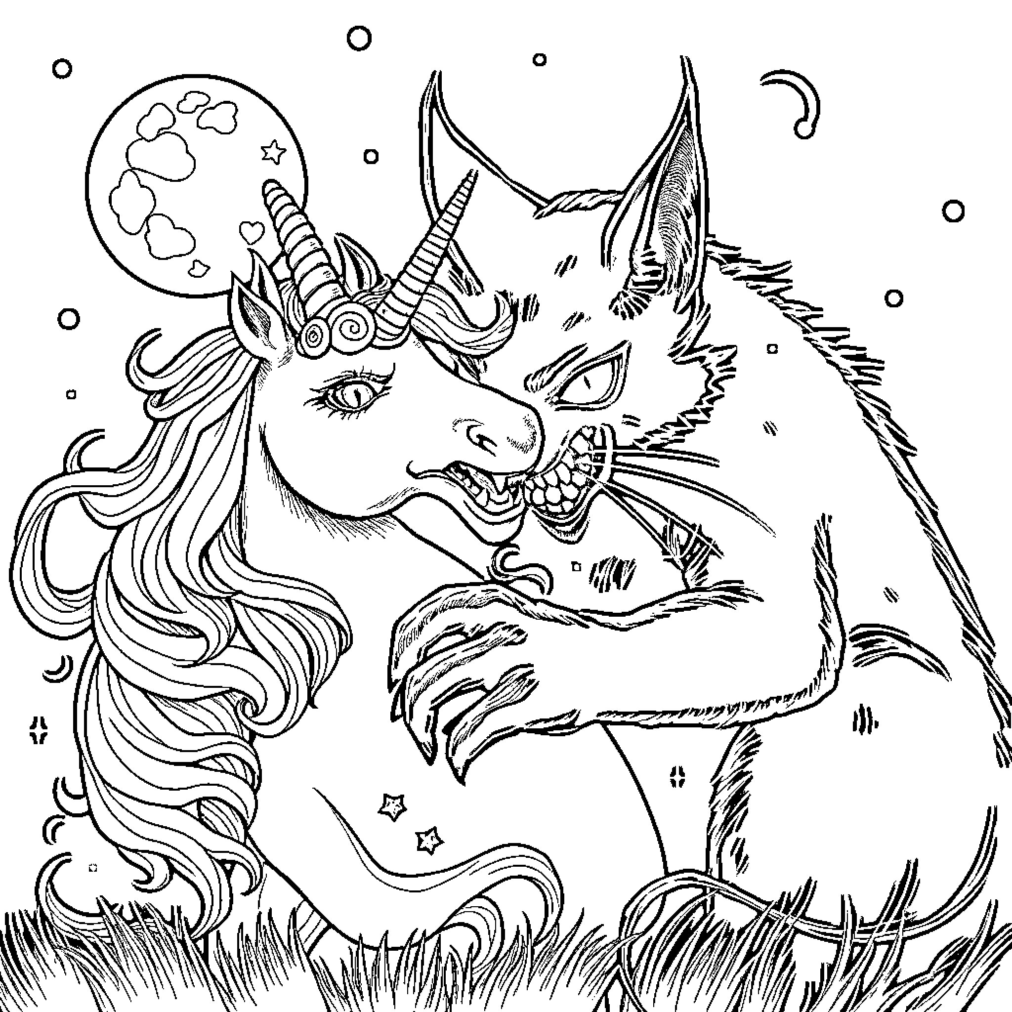 Demon Cat contemplating the night sky Coloring Page (free black-and-white line drawing printable PDF for all, from beginners to advanced learners, including children, teens, adults, and seniors)
