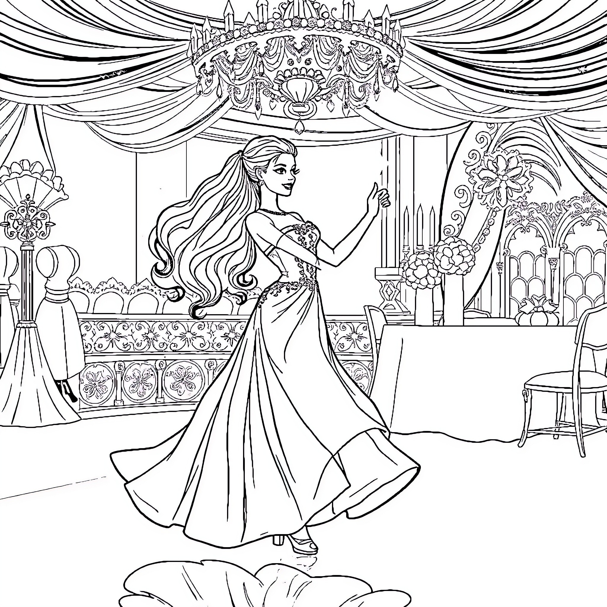 Barbie in a Magical Ballroom Dance Coloring Page (free black-and-white line drawing printable PDF for all, from beginners to advanced learners, including children, teens, adults, and seniors)