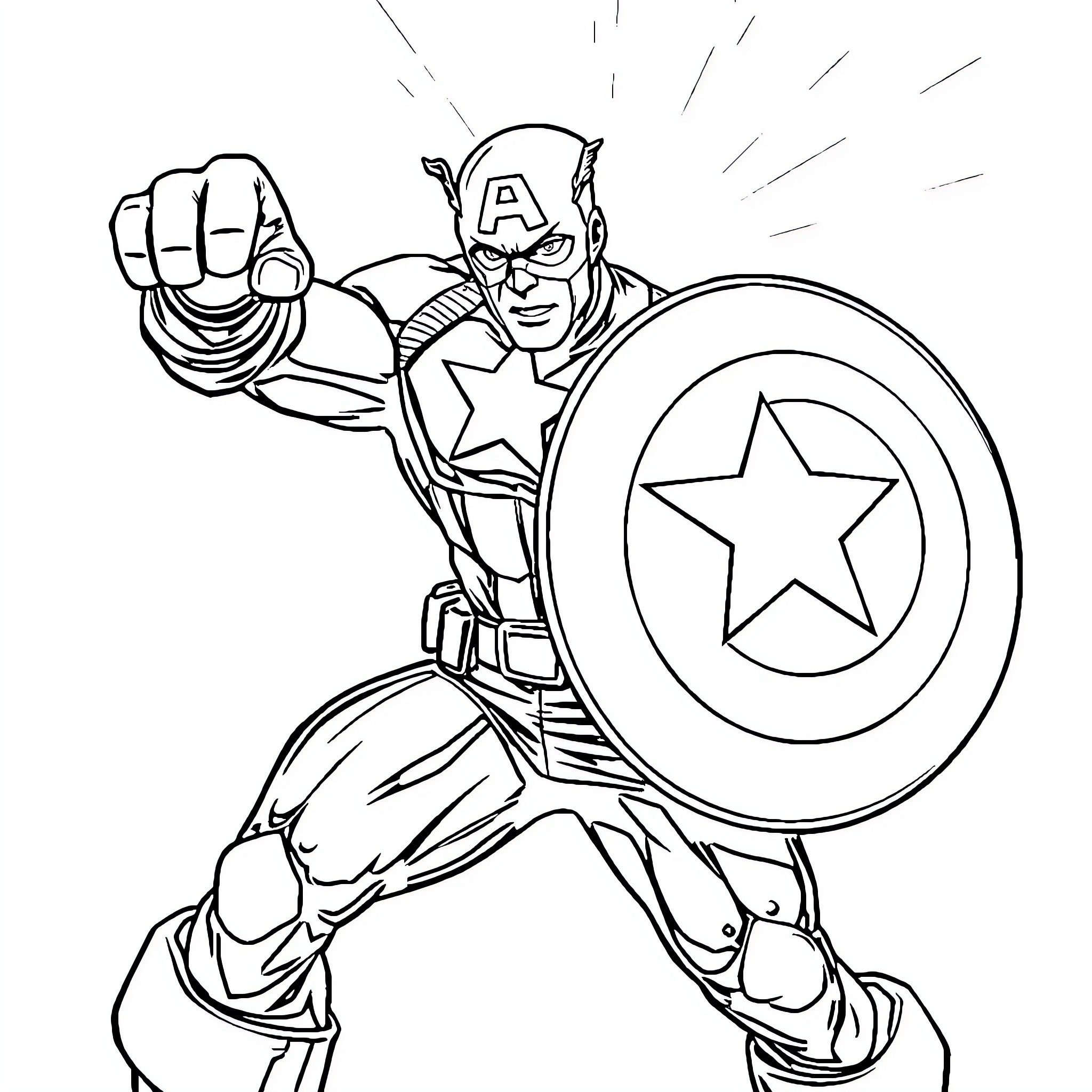 Captain America Heroically Defending with Shield and Fist Coloring Page (free black-and-white line drawing printable PDF for all, from beginners to advanced learners, including children, teens, adults, and seniors)