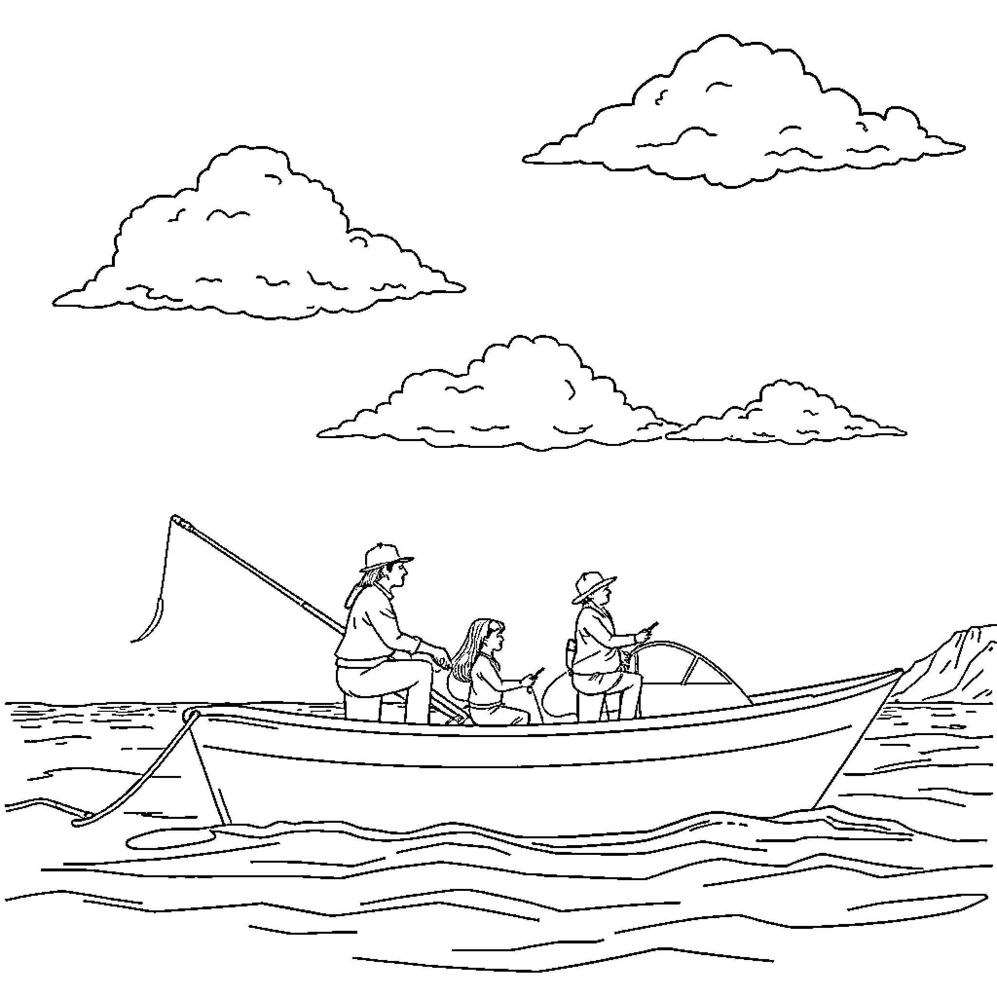 Familia fishing together on a peaceful day Coloring Page (free black-and-white line drawing printable PDF for all, from beginners to advanced learners, including children, teens, adults, and seniors)