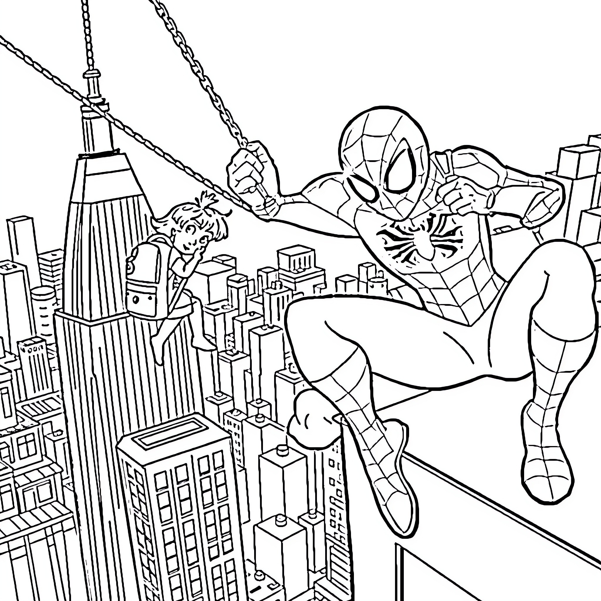 Spiderman swinging through the city skyline Coloring Page (free black-and-white line drawing printable PDF for all, from beginners to advanced learners, including children, teens, adults, and seniors)