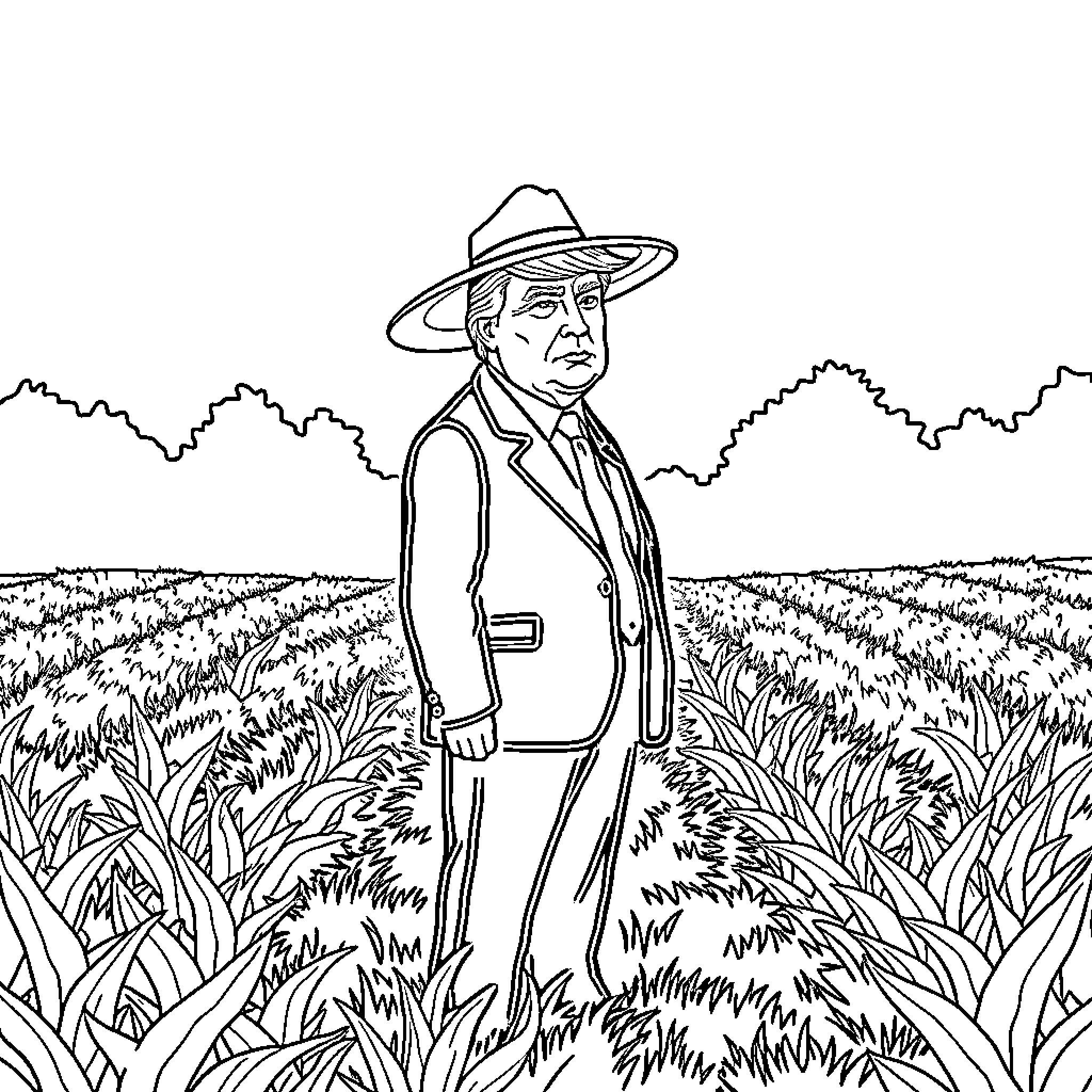 Donald Trump standing in a rural field Coloring Page (free black-and-white line drawing printable PDF for all, from beginners to advanced learners, including children, teens, adults, and seniors)