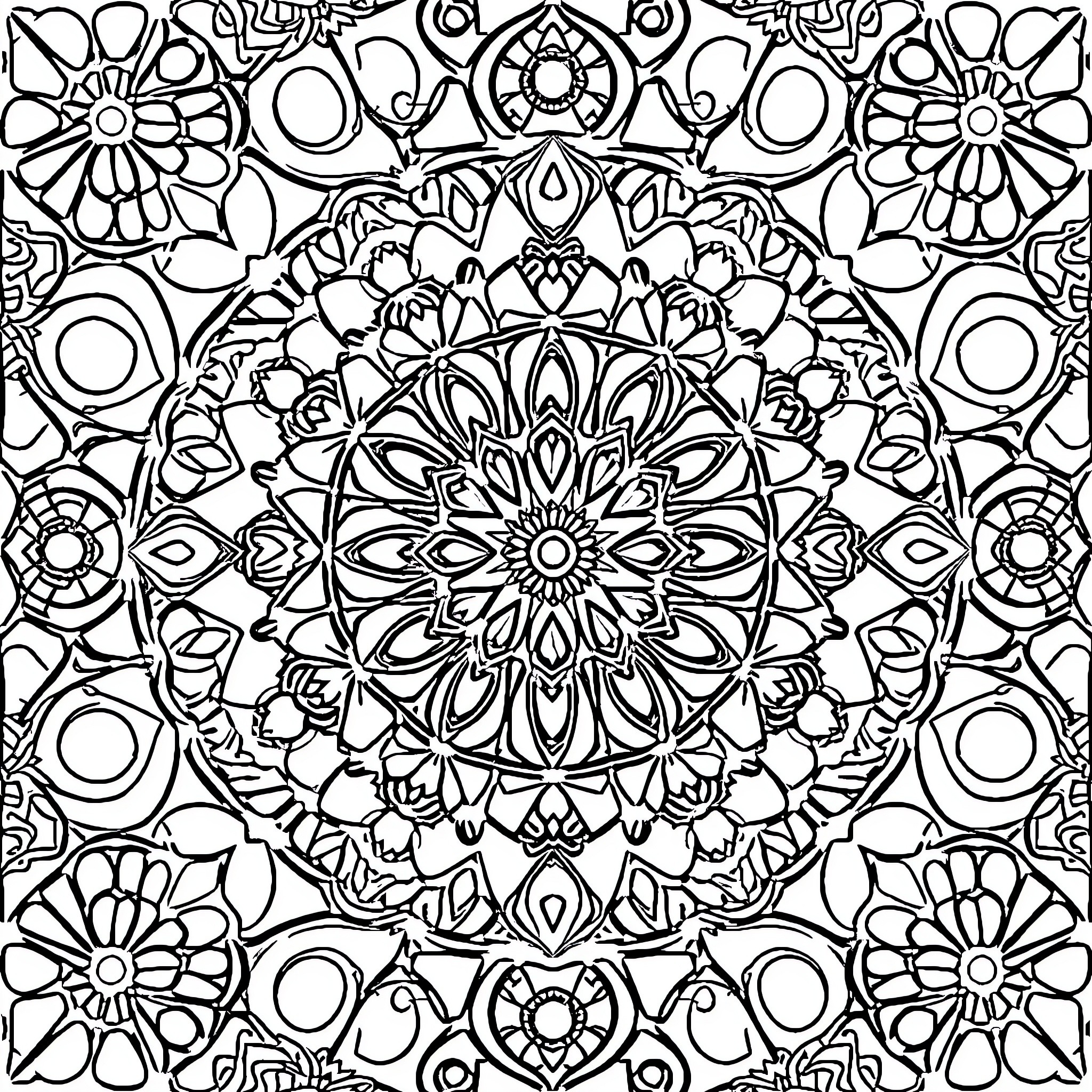 Geometrical Pattern of Intricate Mandala Designs Coloring Page (free black-and-white line drawing printable PDF for all, from beginners to advanced learners, including children, teens, adults, and seniors)