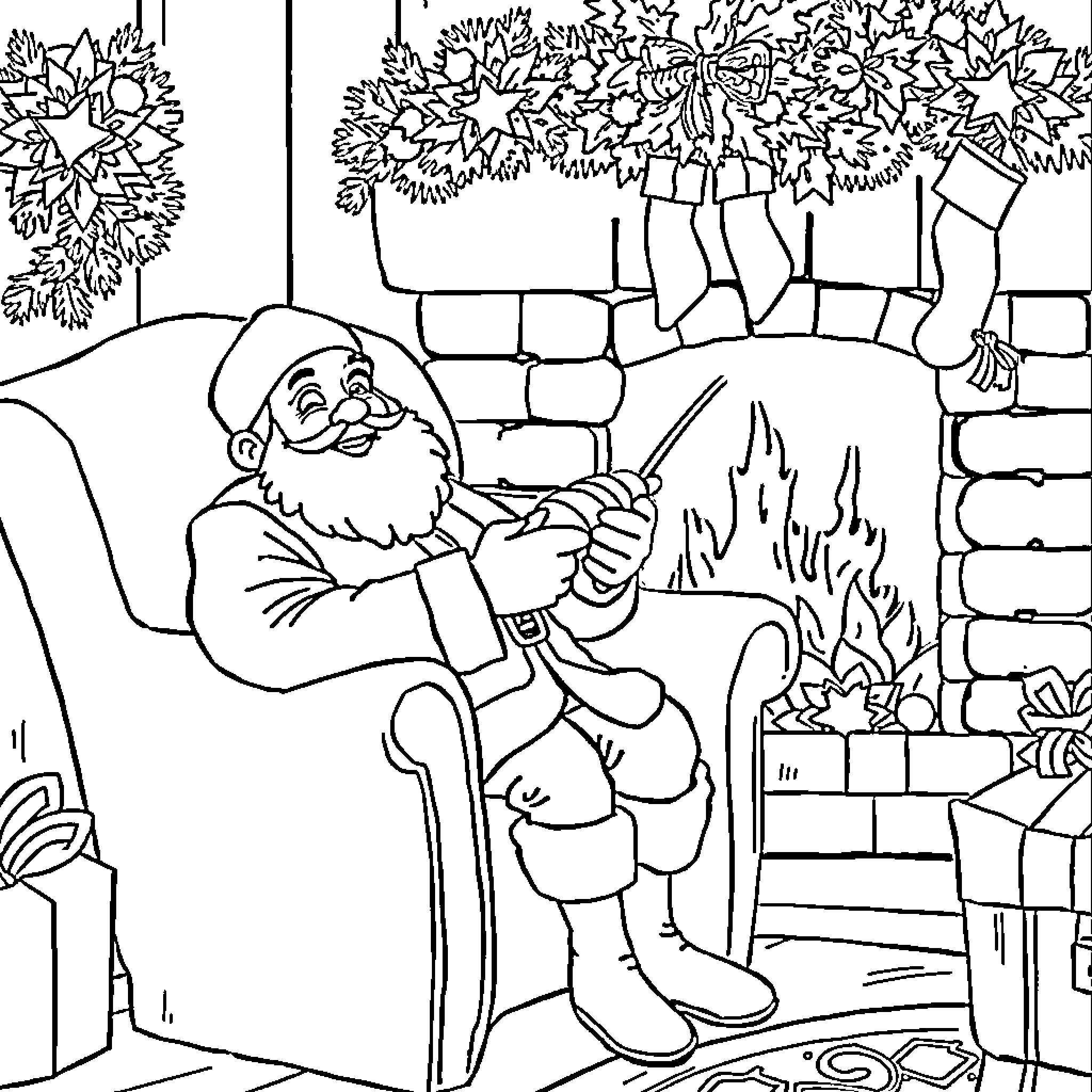 Père Noël resting by the fireplace Coloring Page (free black-and-white line drawing printable PDF for all, from beginners to advanced learners, including children, teens, adults, and seniors)