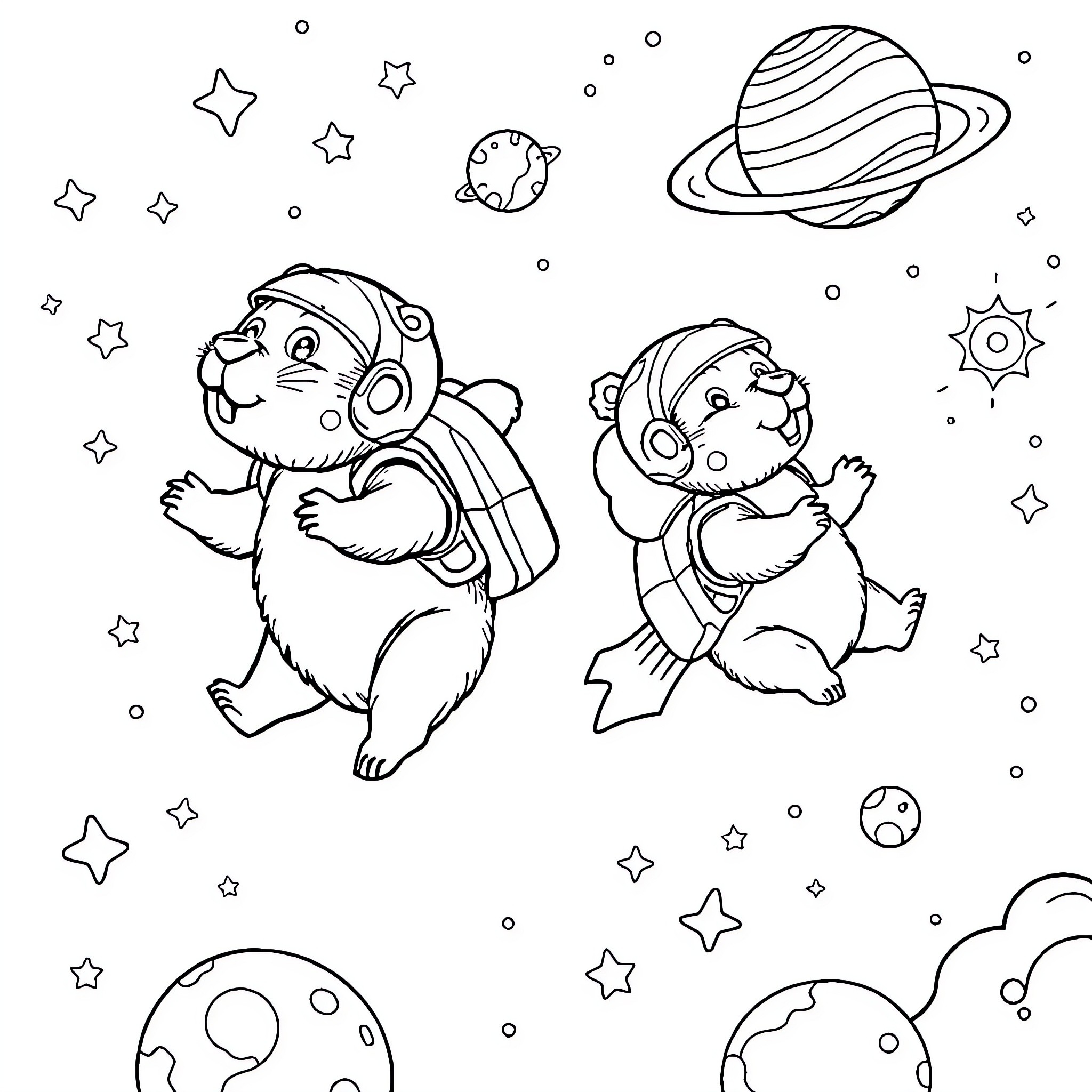 Beavers exploring the wonders of space Coloring Page (free black-and-white line drawing printable PDF for all, from beginners to advanced learners, including children, teens, adults, and seniors)