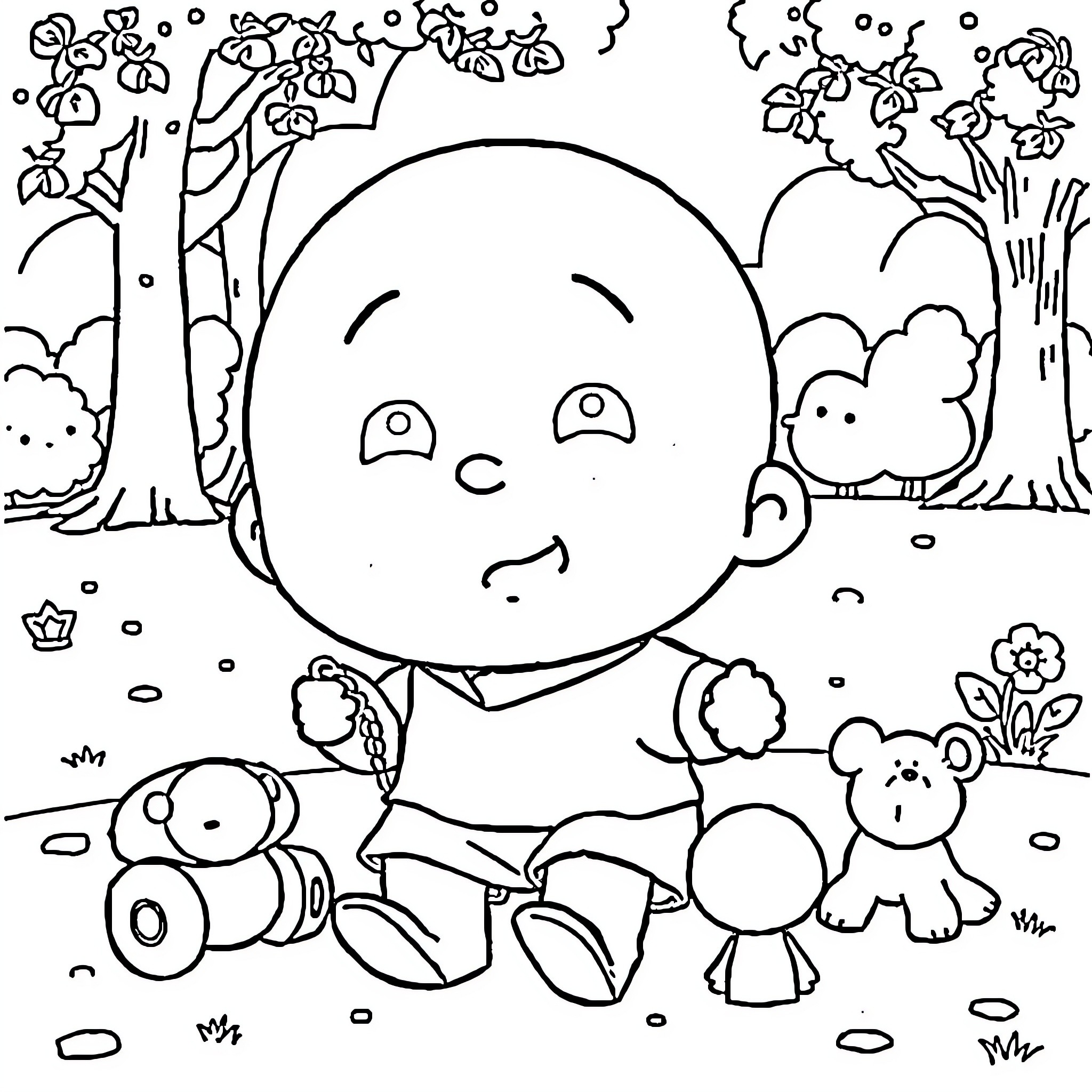 Shinchan playing with cute animals in a forest Coloring Page (free black-and-white line drawing printable PDF for all, from beginners to advanced learners, including children, teens, adults, and seniors)